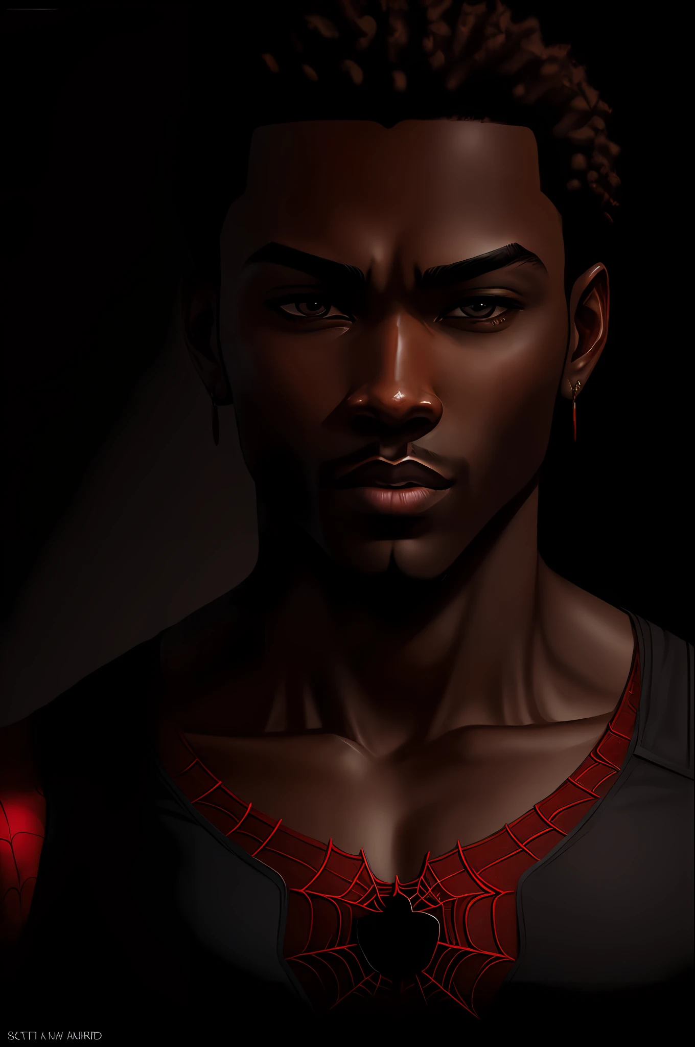 Black Man (Award Winning Digital Artwork:1.3) of (Sketch:1.3),(Energetic:1.3) Spidey, EmmaRob,CGSociety,ArtStation,(Saturated:1.3),(close portrait:1.3),(Feminine:1.4),(beautiful:1.4),(attractive:1.3),handsome,calendar pose,perfectly detailed eyes,studio lighting,thematic background