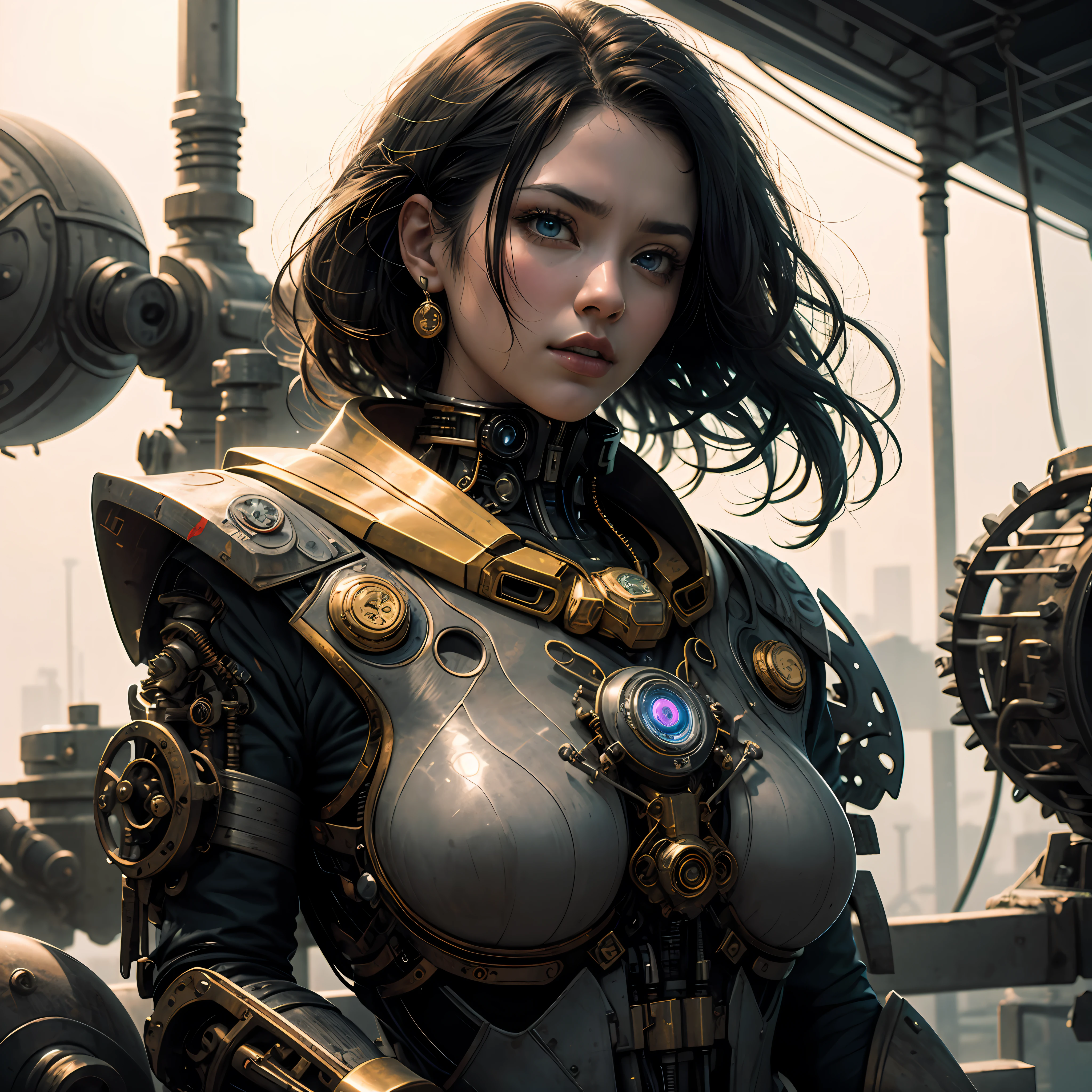 beste Quality、masterspiece、ultra-highres、(photorealestic:1.4)、Raw photo、1人、Black hair、glowy skin、1 Mechanical Girl、((ultra realistic details))、The left half of the body is a mechanical portrait、Global Illumination、Shadow、Rendu octane、8K、ultrasharp、Giant tits、Raw skin is exposed in cleavage、metals、Details of complex ornaments、Steampunk details、Analog Meter、cogs、gear、Golden hydraulic cylinder、high intricate details、Realistic light、CGSoation Trends、violet colored eyes、shinning eyes、Facing the camera、neon details、Mechanical limbs、blood vessels connected to tubes、Mechanical vertebrae attached to the back、mechanical cervical attaching to neck、sitting on、Wires and cables connecting to the head、Gundam、Small LED lamp、 --auto