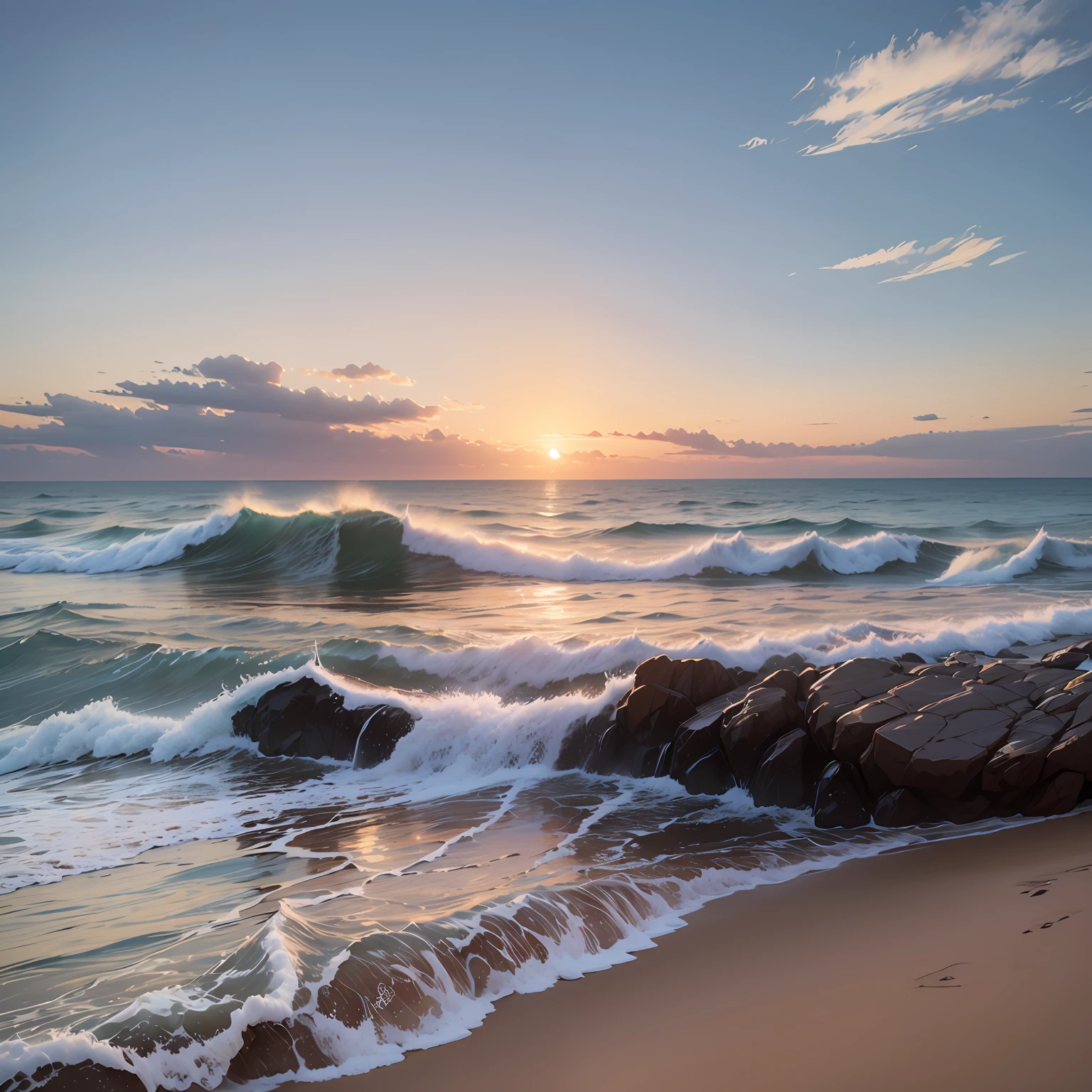 warm glow, on the beach at sunset, sunset at the beach, fades to the horizon, soft glow, as the sun sets on the horizon, morning glow, 1/100 sec, which shows a beach at sunset, sunset glow, golden hour intricate, at beach at sunset, golden glow, watercolour painting --auto