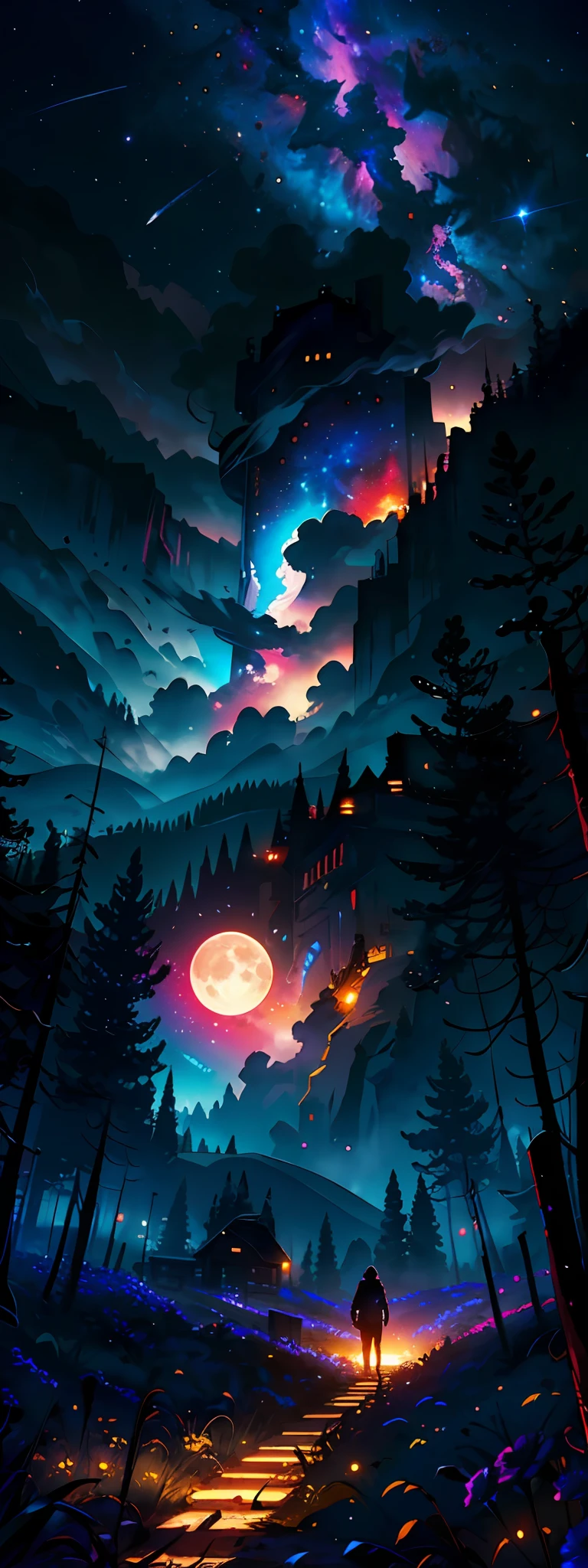 expansive landscape photograph , (a view from below that shows sky above and open field below), a girl standing on flower field looking up, (full moon:1.2), ( shooting stars:0.9), (nebula:1.3), distant mountain, tree BREAK
production art, (warm light source:1.2), (Firefly:1.2), lamp, lot of purple and orange, intricate details, volumetric lighting BREAK
(masterpiece:1.2), (best quality), 4k, ultra-detailed, (dynamic composition:1.4), highly detailed, colorful details,( iridescent colors:1.2), (glowing lighting, atmospheric lighting), dreamy, magical, (solo:1.2)