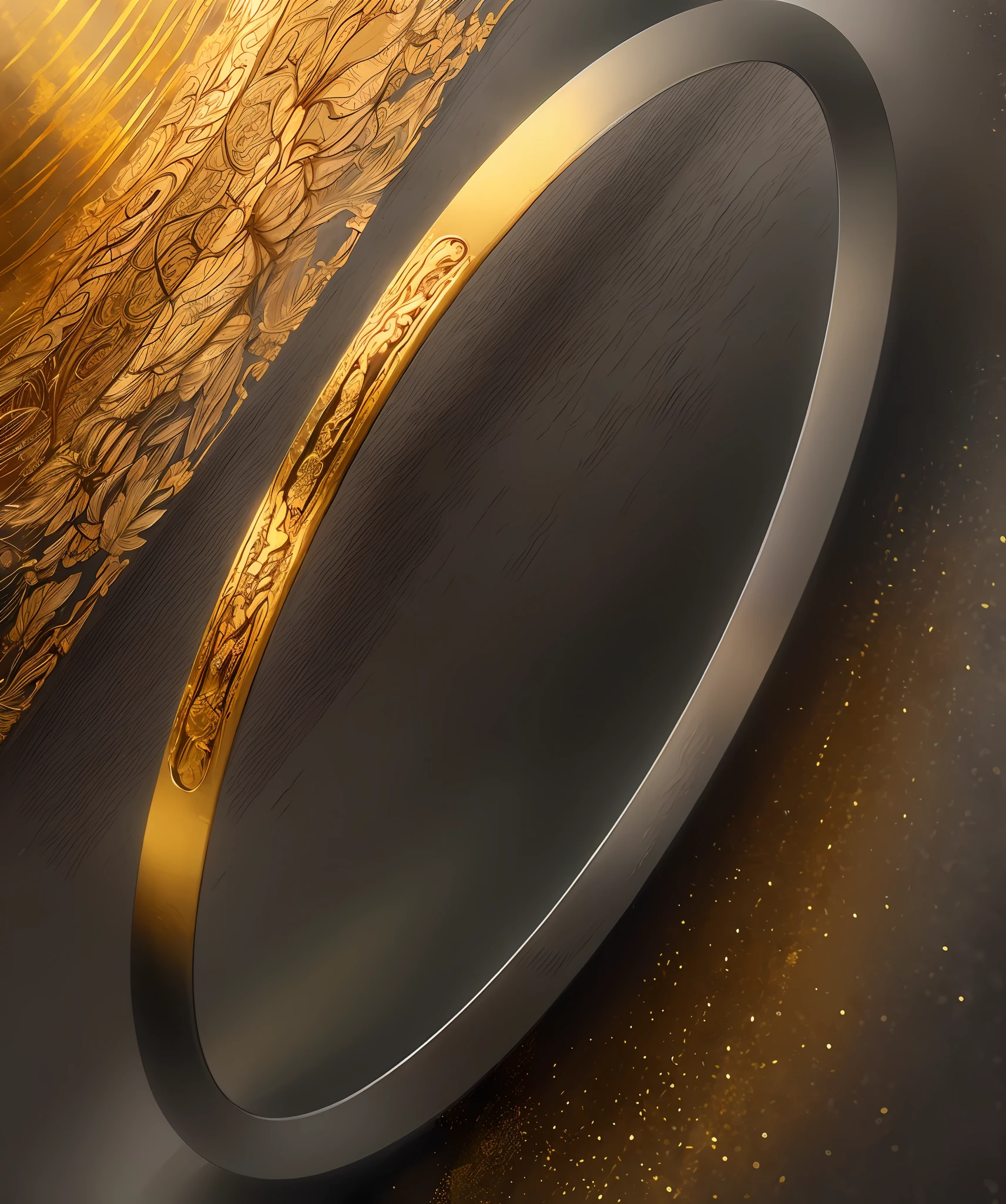 杰作，best qualitiy，octane rendered，HDR，
There are no people， simple Backgrounds， Jet Black Background， grey backdrop， deep of field， gradient backgrounds，
（bangle），silver color，complicated detail，（Small gold leaf）