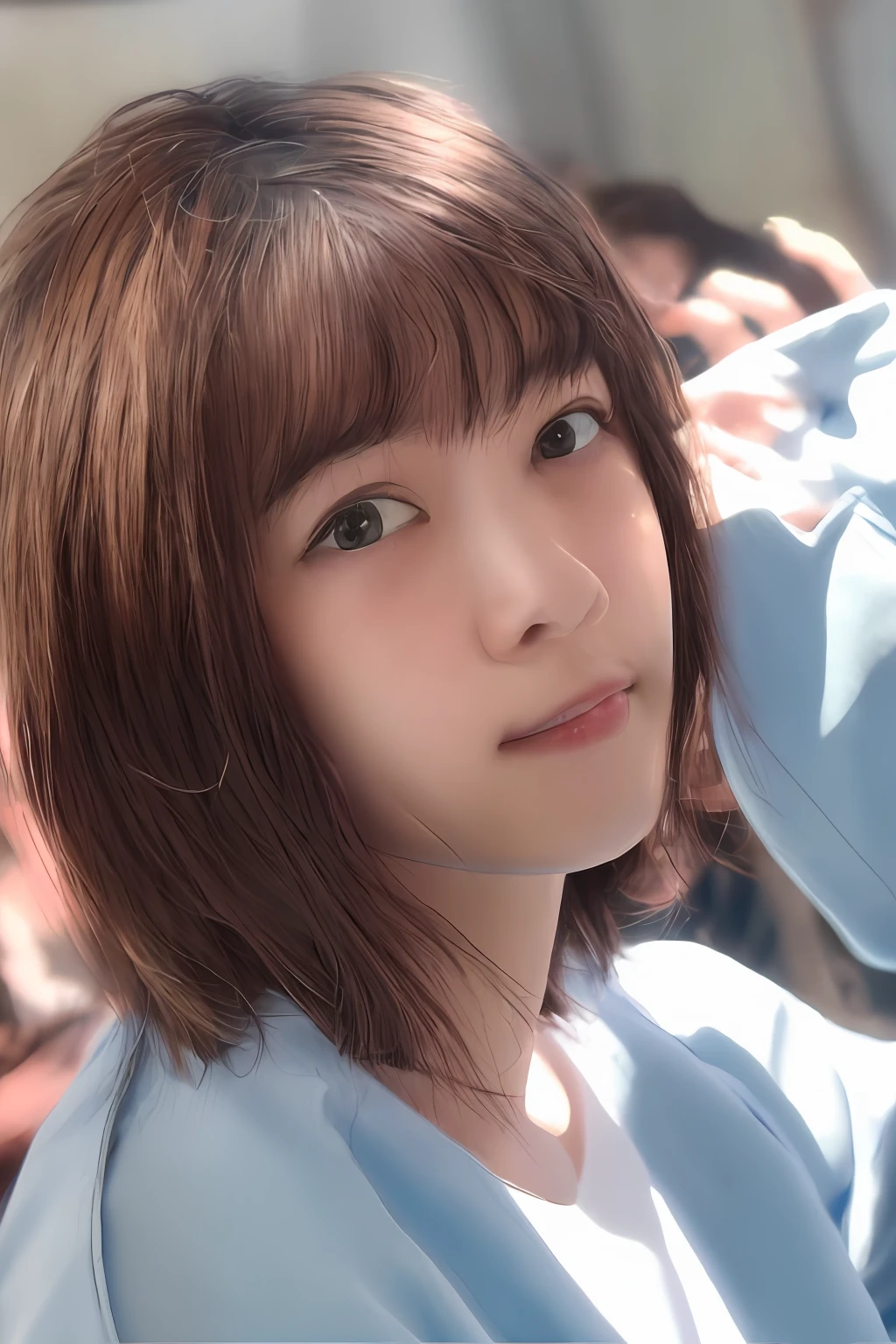 a close up of a person with a blue shirt and a haircut, with short hair, white hime cut hairstyle, chiho, cute - fine - face, hime cut, girl cute-fine-face, cute natural anime face, closeup Iwakura Lain, with short hair with bangs, by Torii Kiyomoto
