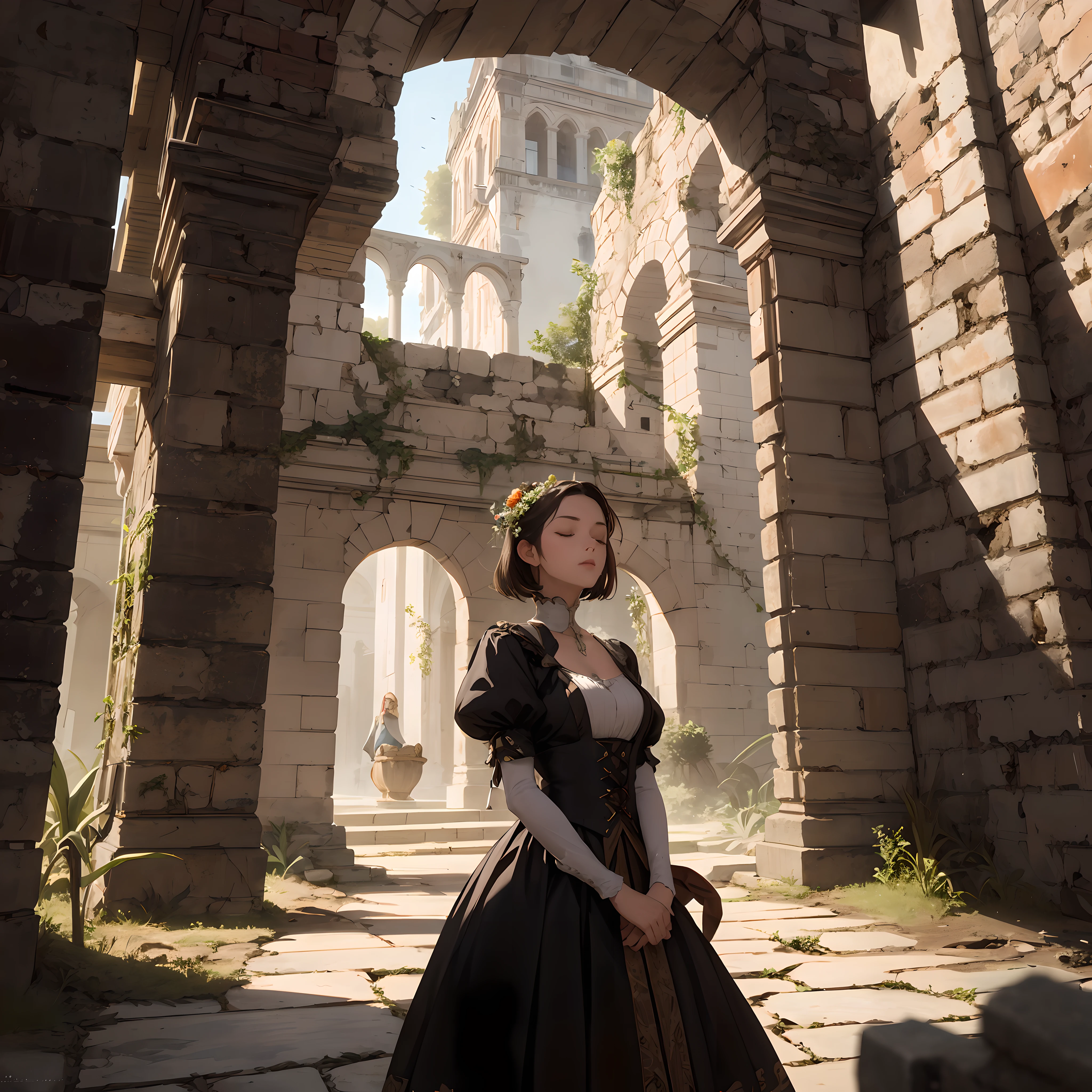 absurdres, highres, ultra detailed, (1 woman:1.3), sleeping beauty
BREAK
(bokeh photography:1.2), soft focus, out-of-focus highlights, dreamy ambiance, glowing circles,
BREAK
, Illustrate the ruins of an ancient castle, with crumbling walls, mysterious passageways, and a sense of history and intrigue.