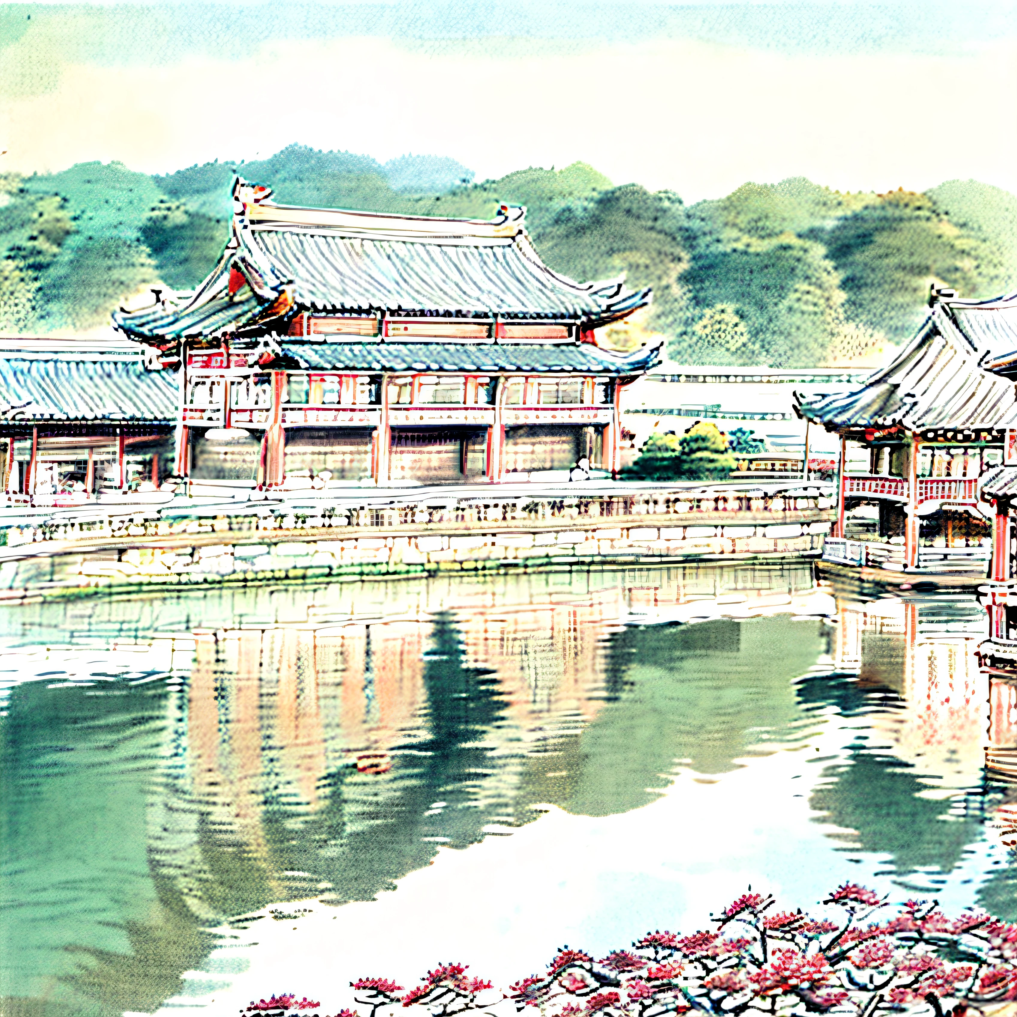 there are two pavilions on the side of a river, Ancient Chinese architecture, Tang Dynasty Palace, chinese palace, Chinese architecture, korean traditional palace, Chinese style buildings, building along a river, the imperial palace, royal palace near the lake, Beautiful rendering of the Tang Dynasty, traditional korean city, moat, beijing, palace floating in the sky, gwanghwamun