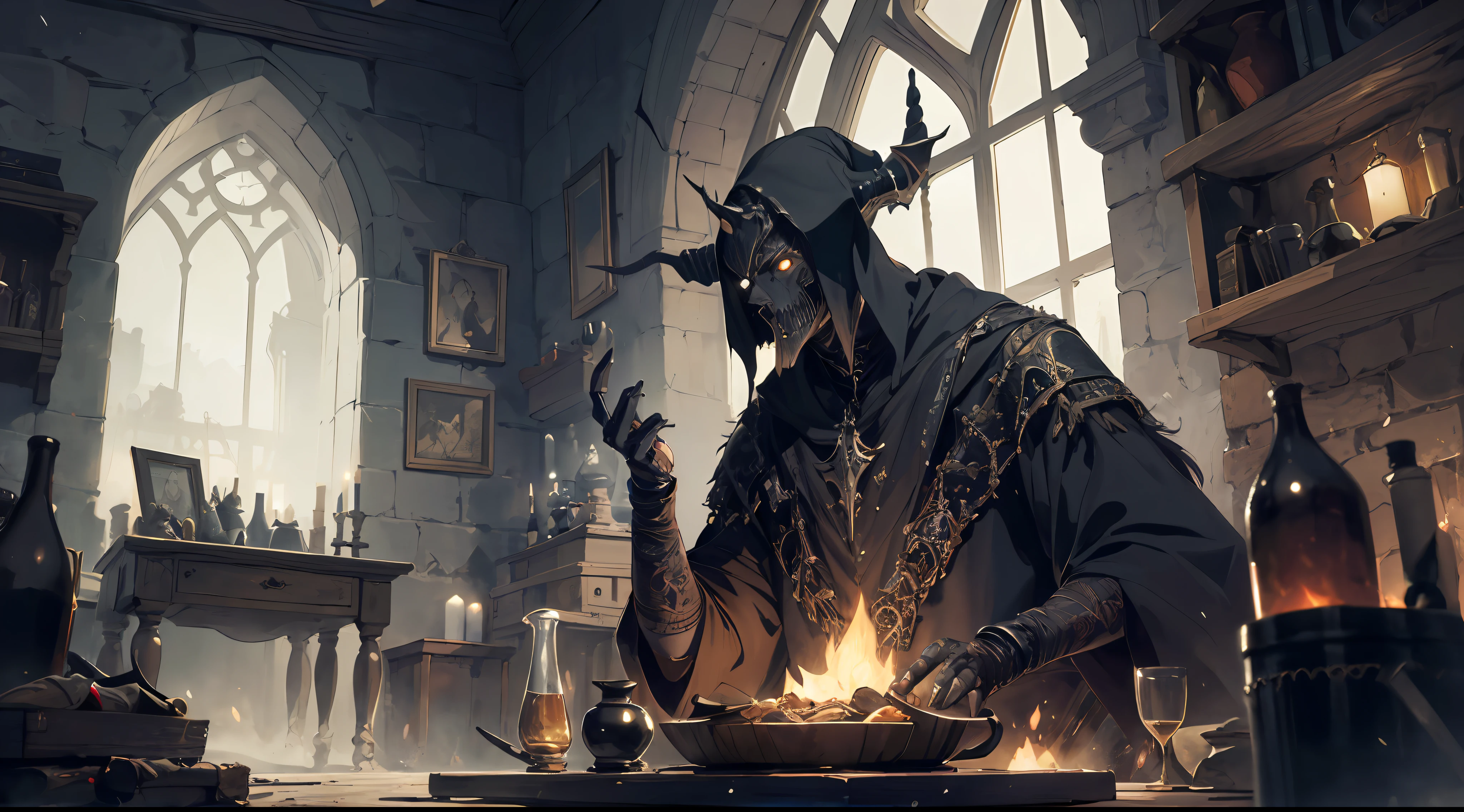 ((masterpiece)),((best quality)),((high detail)),((realistic,)) ((ultra detailed)) a dark old sorcerer with dark appearance, medieval, in his lair, preparing magic potions, drama, horror, sinister environment, colorful, magical details, enchanted, magic.