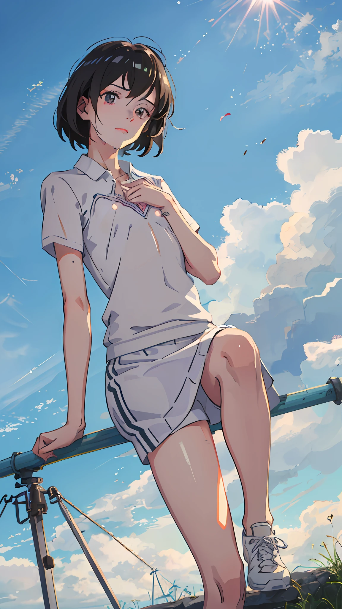 1girls, 独奏, White polo shirt, White sneakers, white mini skirt, 杰作, best possible quality, 逼真, Ultra detailded, (shiny skins, sweats:1.4), absurdly, looking at the spectator, with short black hair, brown-eyed,Slender,Dynamic light and shadow,high resolusion,Sharp focus,deep of field,The eyes are delicate,Sharp pupils,pupil realistic,(little chest:1.6),(thickthighs:1.0),al fresco,skies，Pure，Ancient wind