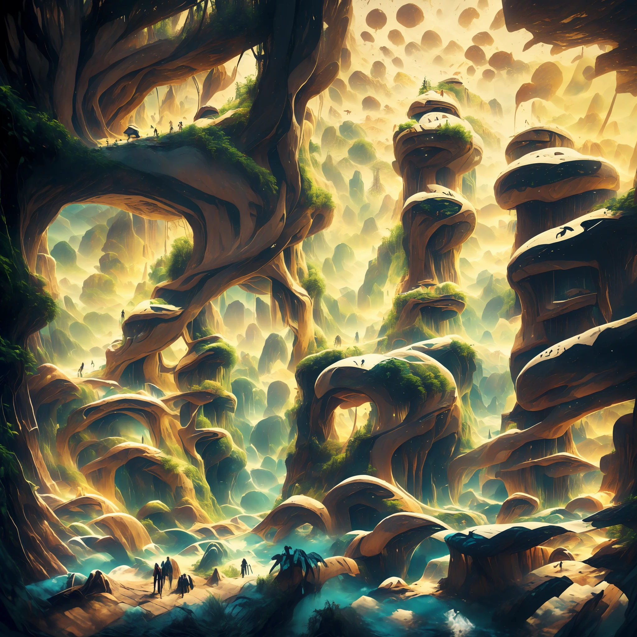 an awesome sunny cheerful day environment concept art of Futuristic design of cave architecture interiors concept art on grand Canyon caves nature architecture, proportional,detailed, cave architecture nature meets futuristic architecture on a rainforest jungle cliff with huge waterfalls,Crepuscular rays, nature meets modern architecture in the style of Aries Moross, Rem Koolhaas,Daniel Libeskind, Jean Nouvel, Paolo Soleri,Toyo Ito and Philip Johnson with Dry brush drawing style ,Chiaroscuro village,cliff side residential area, mixed development,nature architecture,bright colors,high rise made up staircases, balconies, full of glass facades,carved from rocks, masterpiece, proportional, detailed, trending on artstation, beautiful lighting, realistic, intricate