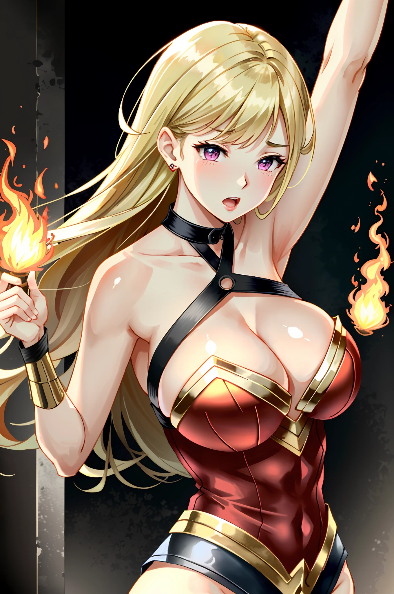Marin Kitagawa, pink eyes, blonde hair,long hair, huge natural breasts, eyes,curvy, upper body, bound by golden lasso, bondage, long vibrant blonde tresses streaming behind her like flickering flames, wearing a wonderwoman costume of her own creation to her heart, embarrassed shock