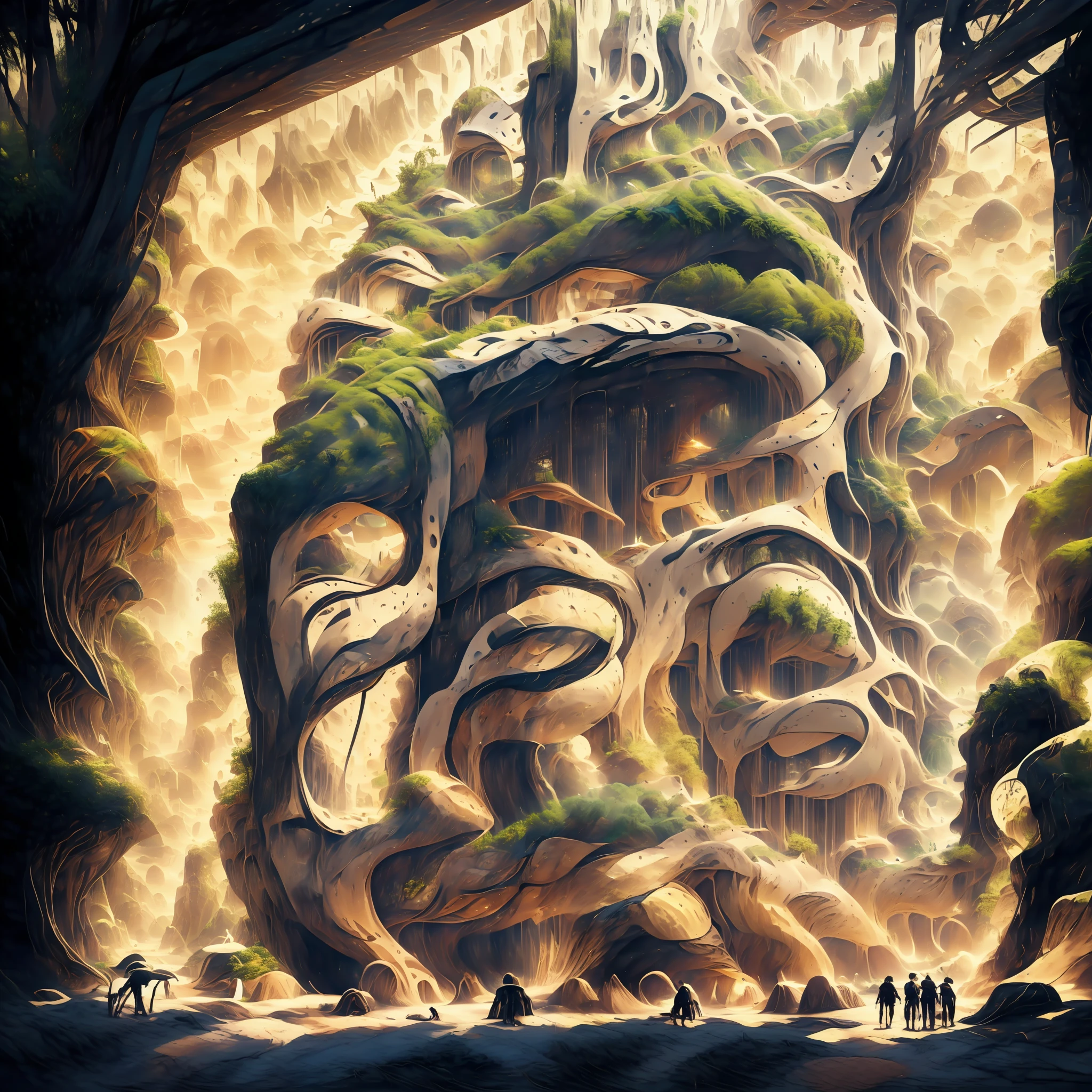 an awesome sunny cheerful day environment concept art of Futuristic design of cave architecture interiors concept art on grand Canyon caves nature architecture, proportional,detailed, cave architecture nature meets futuristic architecture on a rainforest jungle cliff with huge waterfalls,Crepuscular rays, nature meets modern architecture in the style of Aries Moross, Rem Koolhaas,Daniel Libeskind, Jean Nouvel, Paolo Soleri,Toyo Ito and Philip Johnson with Dry brush drawing style ,Chiaroscuro village,cliff side residential area, mixed development,nature architecture,bright colors,high rise made up staircases, balconies, full of glass facades,carved from rocks, masterpiece, proportional, detailed, trending on artstation, beautiful lighting, realistic, intricate