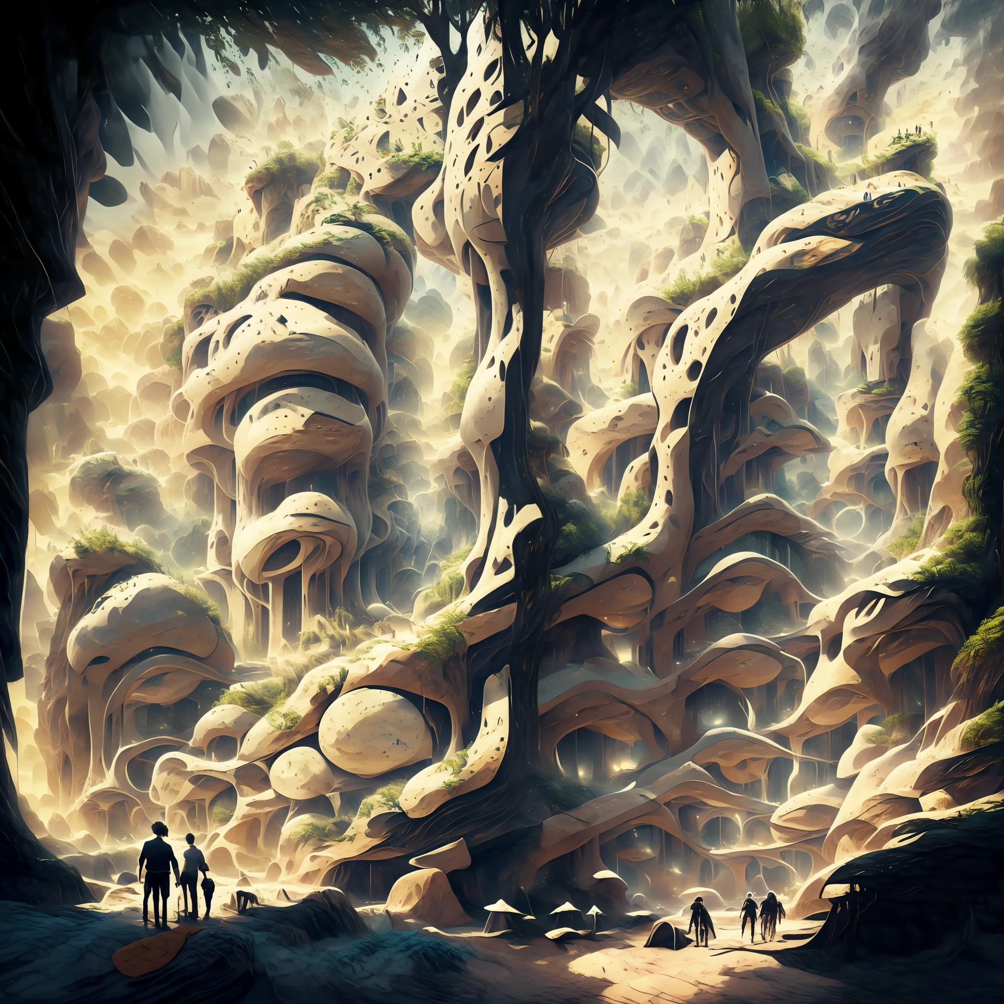 an awesome sunny cheerful day environment concept art of Futuristic design of cave architecture interiors concept art on grand Canyon caves nature architecture, proportional,detailed, cave architecture nature meets futuristic architecture on a rainforest jungle cliff with huge waterfalls,Crepuscular rays, nature meets modern architecture in the style of Aries Moross, Rem Koolhaas,Daniel Libeskind, Jean Nouvel, Paolo Soleri,Toyo Ito and Philip Johnson with Dry brush drawing style ,Chiaroscuro village,cliff side residential area, mixed development,nature architecture,bright colors,high rise made up staircases, balconies, full of glass facades,carved from rocks, masterpiece, proportional, detailed, trending on artstation, beautiful lighting, realistic, intricate