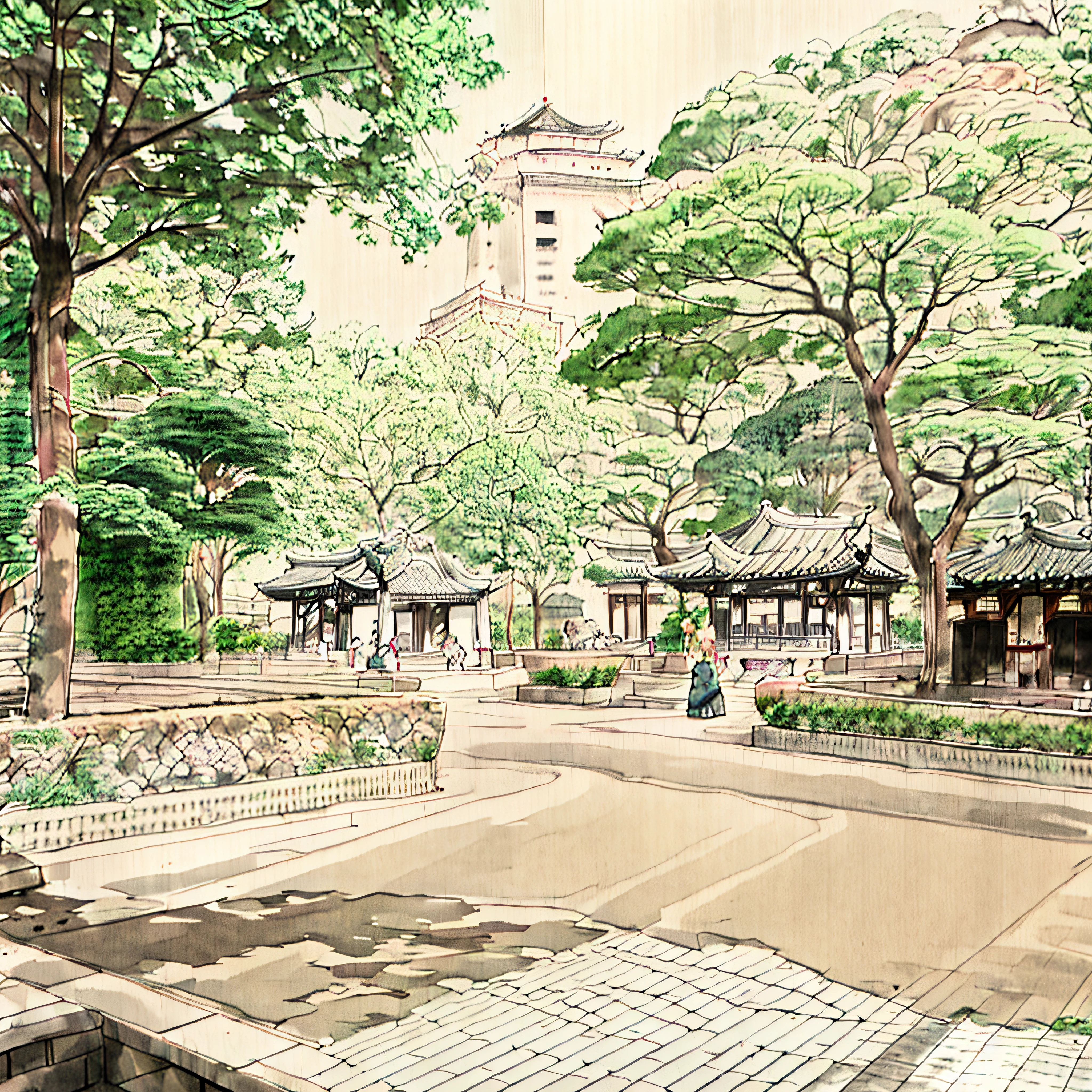 There is a sidewalk in the park，The background is a building, Taoist temples and monks, the neat and dense buildings,, the imperial palace, a wide open courtyard in an epic, edo era house in the background, kamakura period, japanese temples, sen no rikyu, from the distance, beautiful ancient garden behind