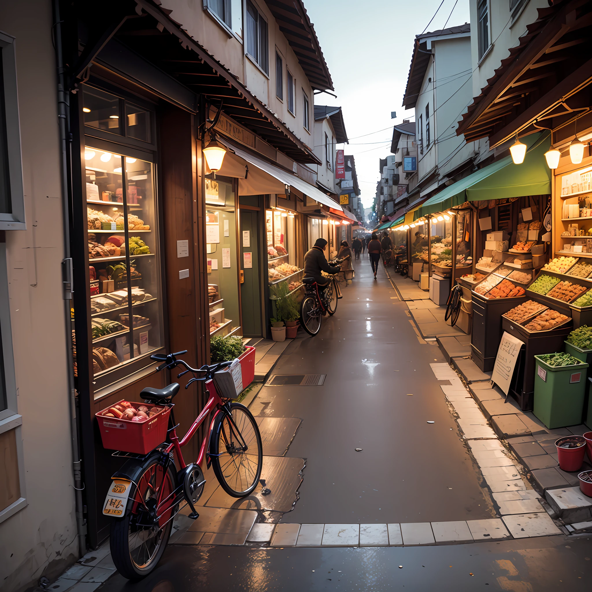 there is a bicycle parked on the sidewalk in front of a building, bicycle in background, wet market street, in a street, one motorbike in center of frame, early evening, in the evening, in a village street, green alleys, in the street, on a street, street market, in city street, evening time, alleys, market setting --auto