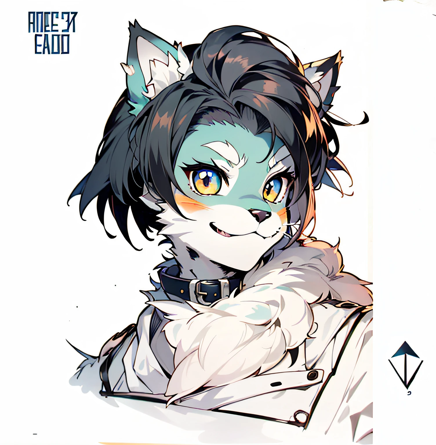 um close up de um desenho de um gato com uma coleira, Retrato de personagem peludo, oc commission, Commission for High Res, fursona commission, fursona furry art commission, Retrato de um clube, female fursona, Gato Anime Realista, Arte Fursona, d&d character commission, headshot of young female furry, Gato Anime, Gato Anime,obra-prima, melhor qualidade, Portrait of the face of a female anthro loona hellhound, loonacroptop, rosto detalhado, (olhos detalhados, pupilas cortadas, pupilas brancas:1.2), (esclera vermelha), sorriso, [colarinho cravado, pentagrama], (olhando para o espectador), selfie, sorriso bonito com dentes caninos antro