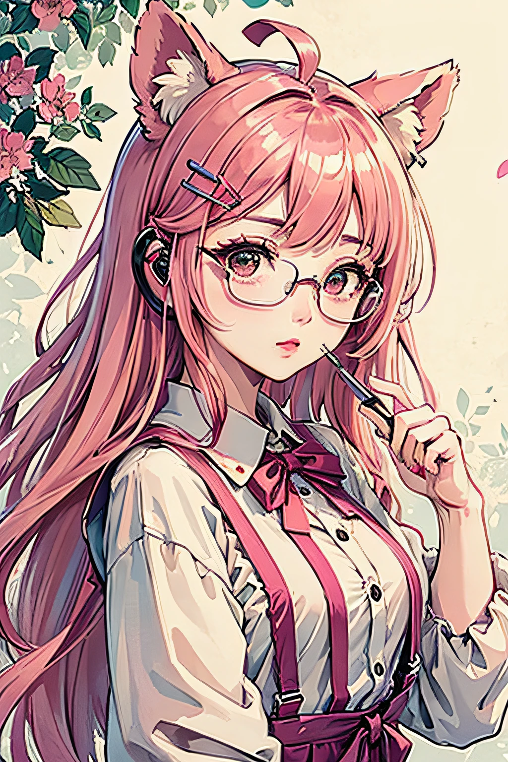 （杰作：1.2，best qualitiy），（dynamic  lighting）1lady，独奏，long haired，，（shiny skins：1.2），eye glass，modern day，Wavy pink hair，Pink suspenders，Flowers on the ears，Harajuku style，hair clip，Lori，ahoge