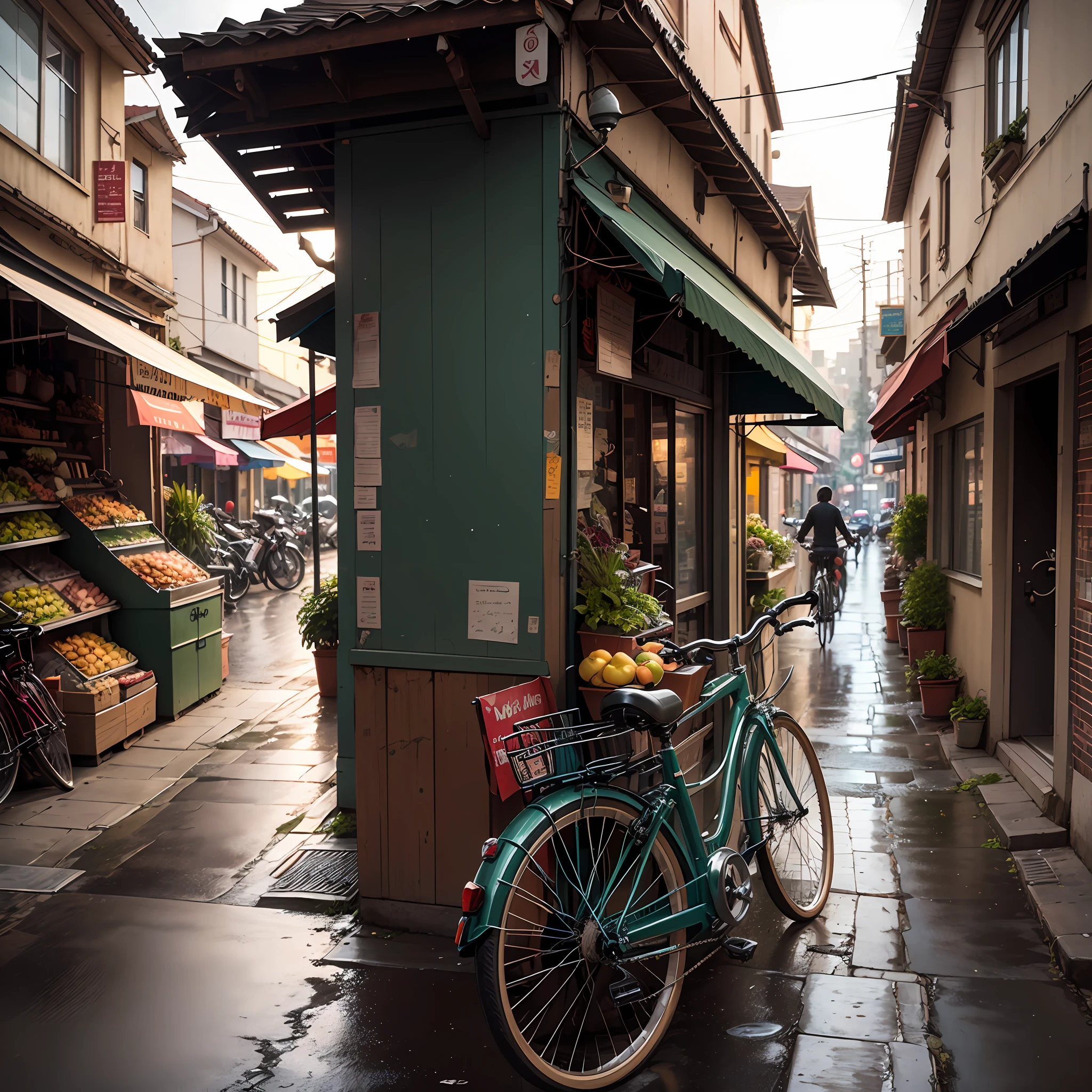 there is a bicycle parked on the sidewalk in front of a building, bicycle in background, wet market street, in a street, one motorbike in center of frame, early evening, in the evening, in a village street, green alleys, in the street, on a street, street market, in city street, evening time, alleys, market setting --auto