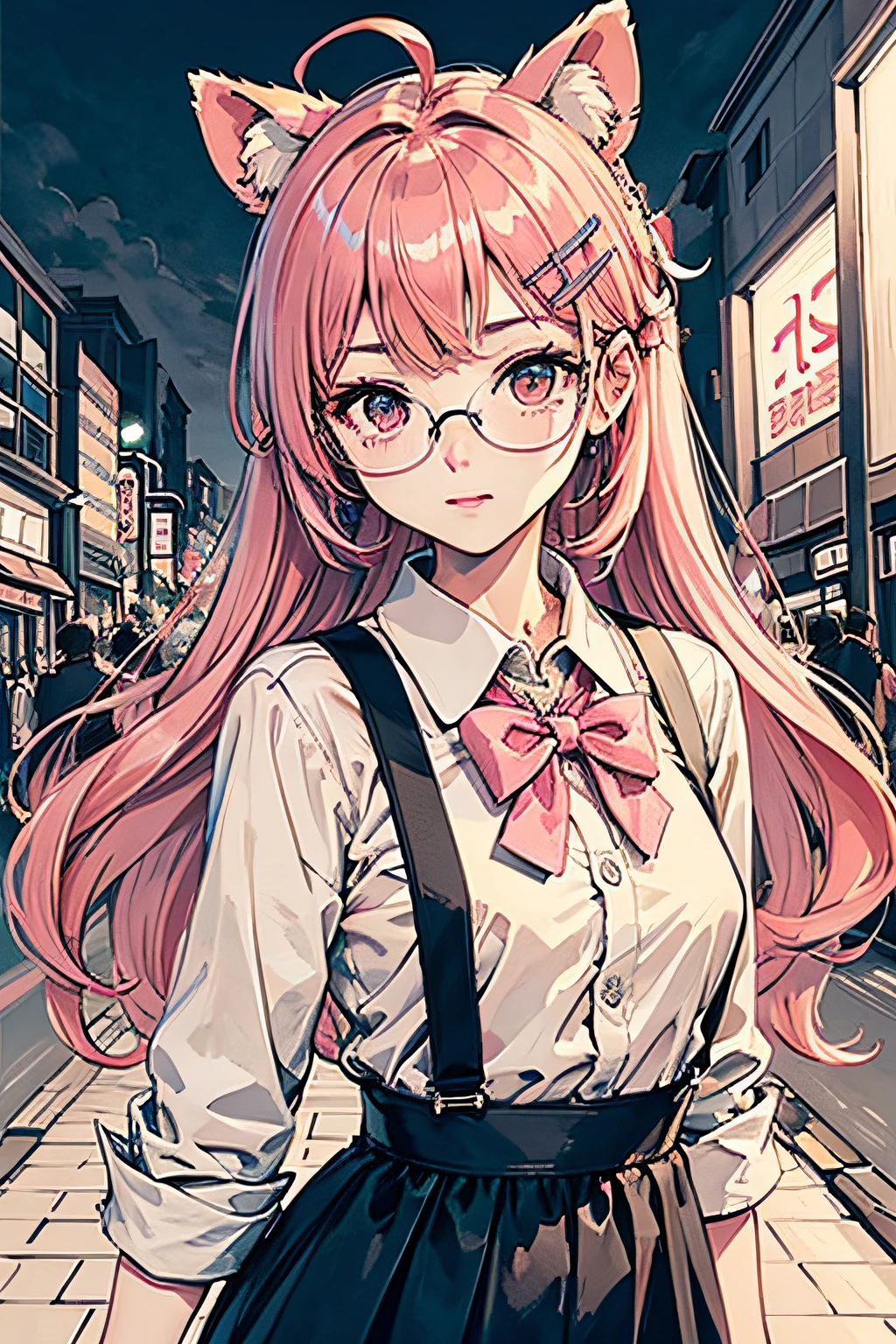 (杰作:1.2,best qualitiy),(dynamic lighting)1lady,独奏,long haired,,(shiny skins:1.2),eye glass,modern day,Wavy pink hair,Pink suspenders,Flowers on the ears,Harajuku style,hair clip,Lori,ahoge