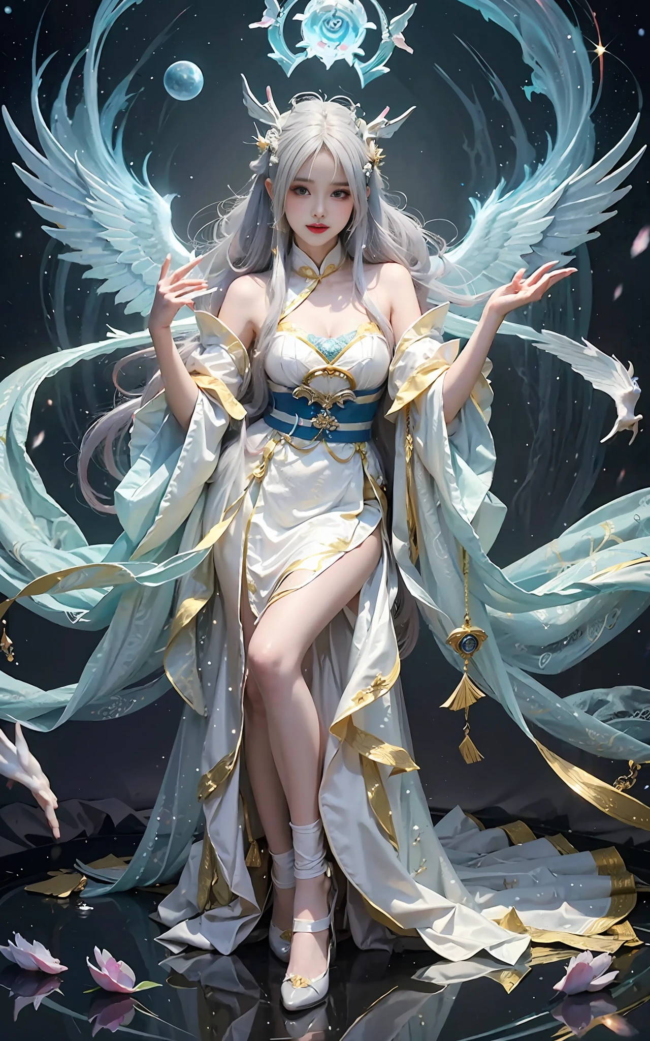 a close up of a woman in a costume on a stage, full body xianxia, beautiful celestial mage, a stunning young ethereal figure, a beautiful fantasy empress, astral witch clothes, sha xi, flowing magical robe, white hanfu, xianxia fantasy, belle delphine, ethereal fantasy, elegant glamourous cosplay, heise jinyao