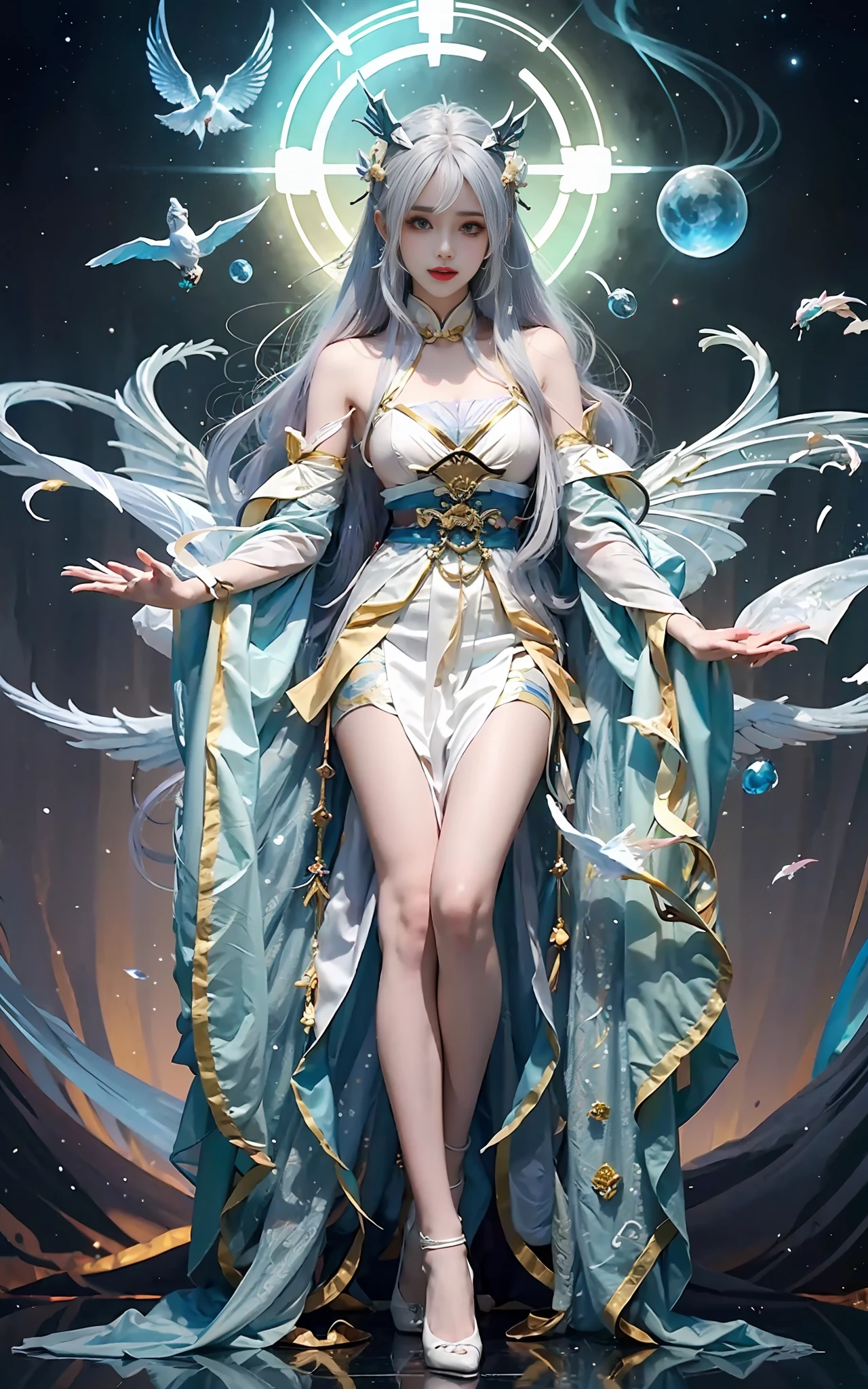a close up of a woman in a costume on a stage, full body xianxia, beautiful celestial mage, a stunning young ethereal figure, a beautiful fantasy empress, astral witch clothes, sha xi, flowing magical robe, white hanfu, xianxia fantasy, belle delphine, ethereal fantasy, elegant glamourous cosplay, heise jinyao
