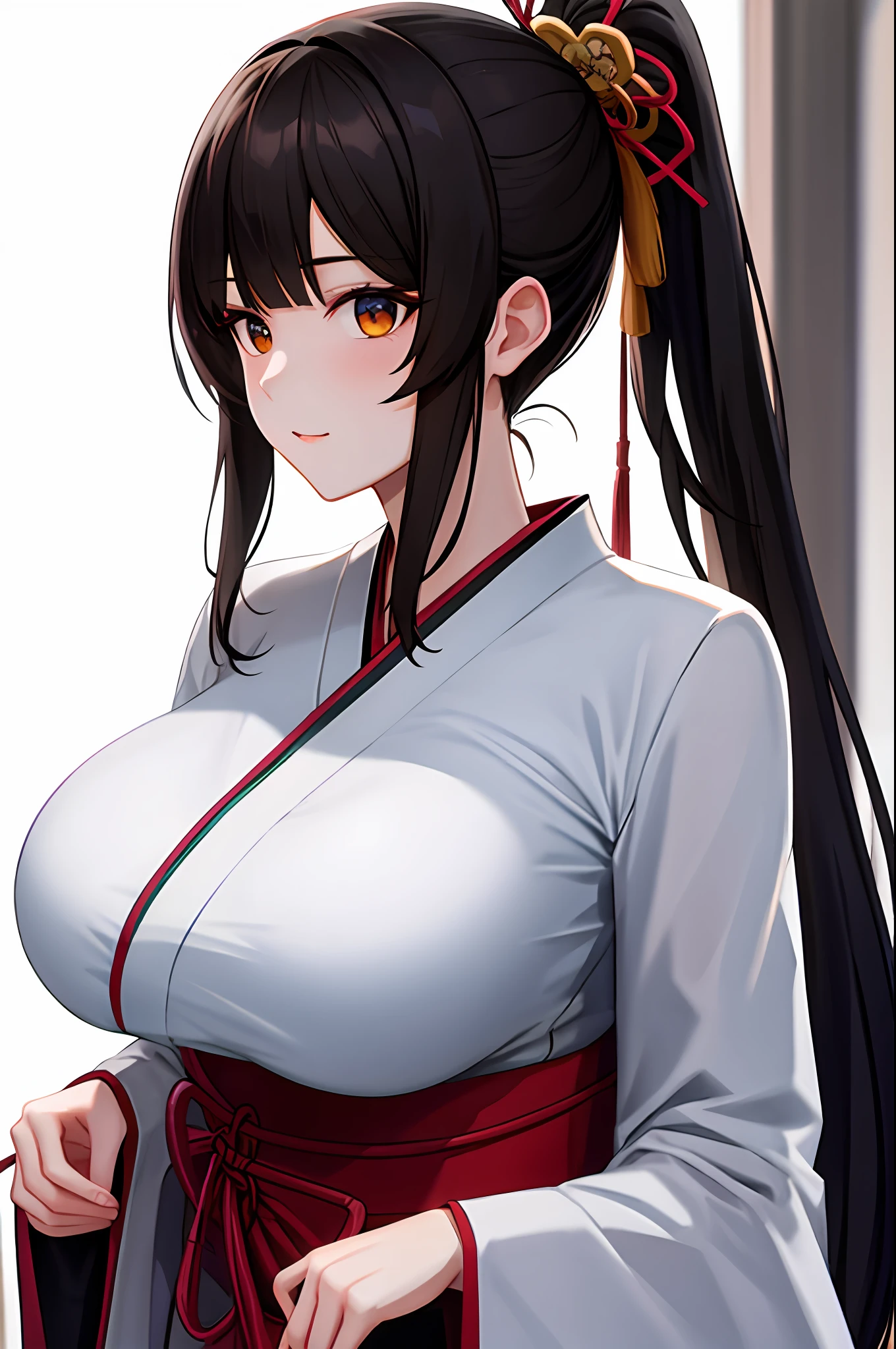 1female，hair bangs，dark circles，Brunette Big breasts，Daily service，in kimono，long haired，looking at the spectator，pony-tail，独奏，s whole body，White background，White kimono，（杰作：1.4），（highest quallity：1.4）