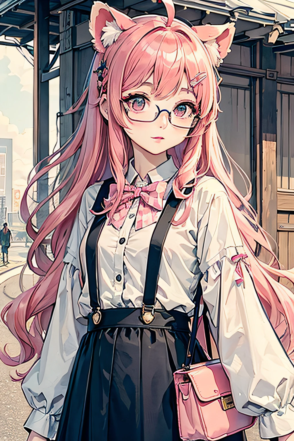 （杰作：1.2，best qualitiy），（dynamic  lighting）1lady，独奏，long haired，，（shiny skins：1.2），eye glass，modern day，Wavy pink hair，Pink suspenders，Flowers on the ears，Harajuku style，hair clip，Lori，ahoge