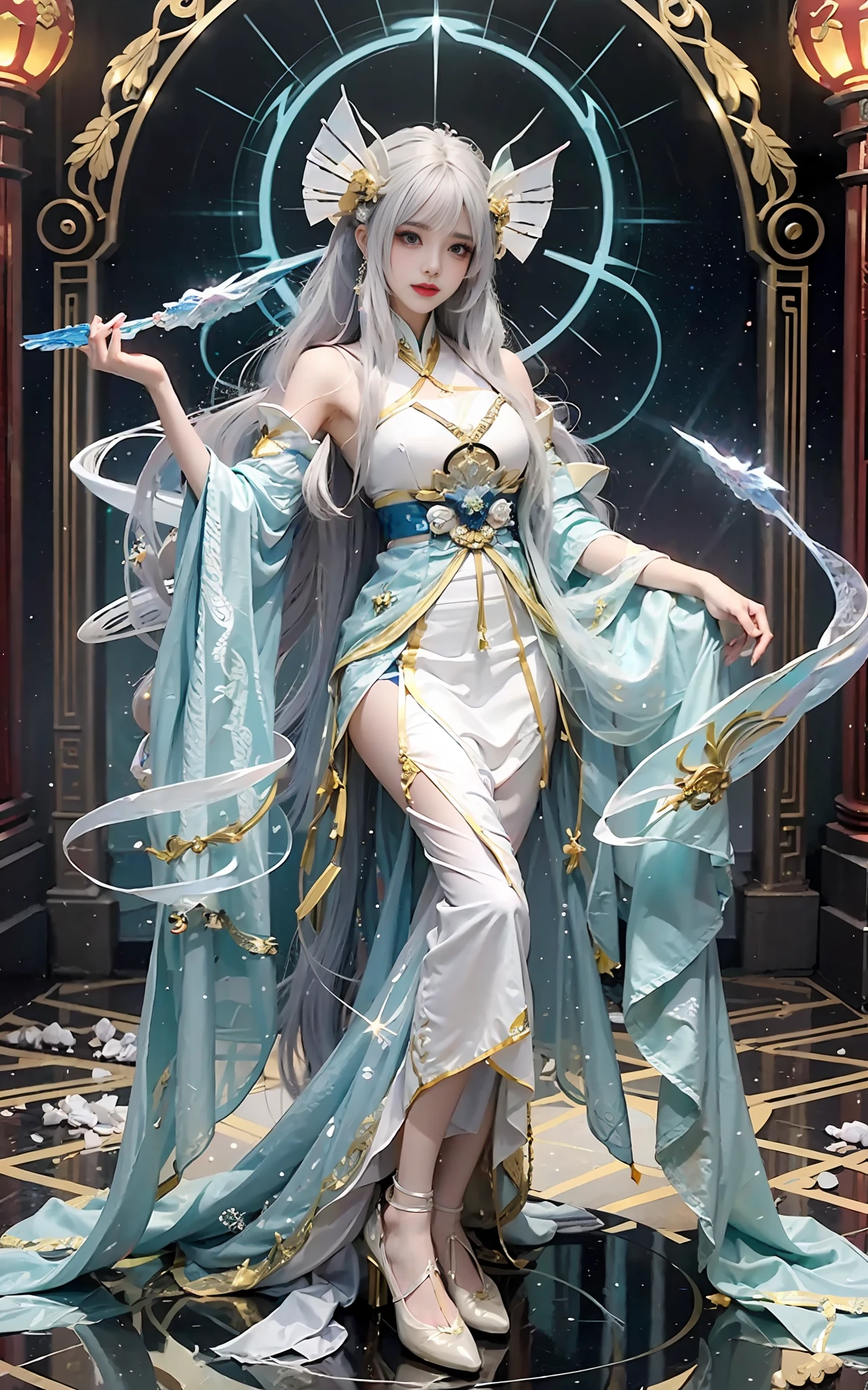 a close up of a woman in a costume on a stage, full body xianxia, beautiful celestial mage, a stunning young ethereal figure, a beautiful fantasy empress, astral witch clothes, sha xi, flowing magical robe, white hanfu, xianxia fantasy, belle delphine, ethereal fantasy, elegant glamourous cosplay, heise jinyao