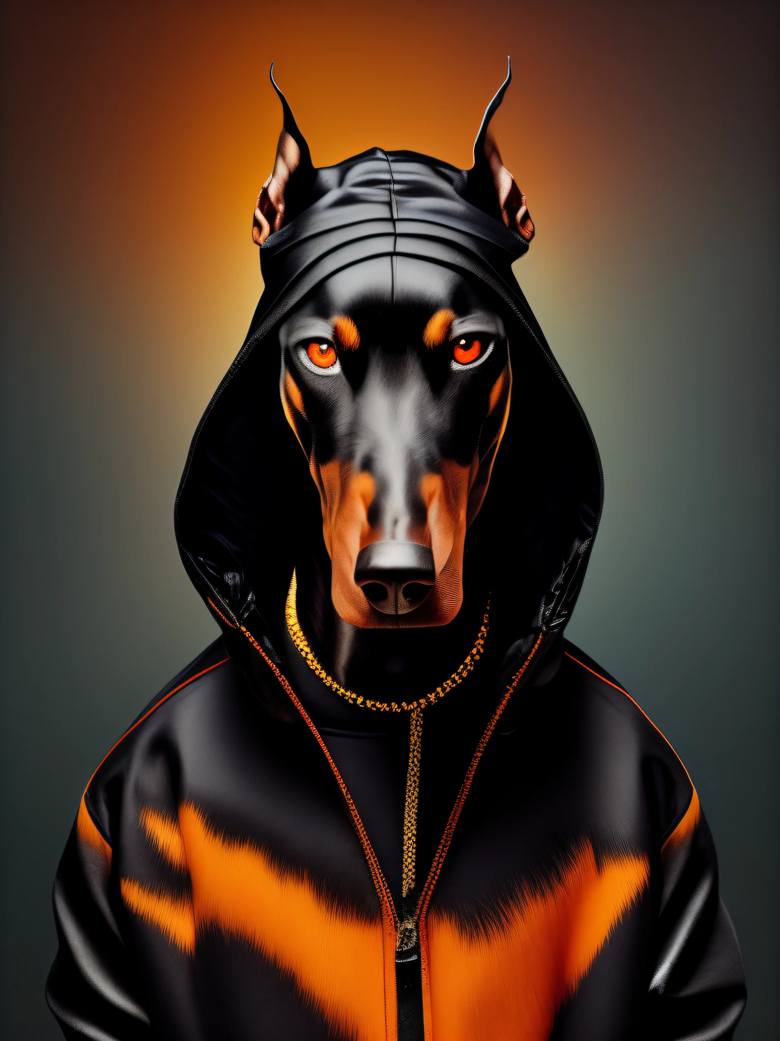 (with a hoodie on his head, a Doberman in a dark, surreal world),black fur,sharp teeth,red eyes,double exposure,distortion,orange light,dramatic,visible breathing.