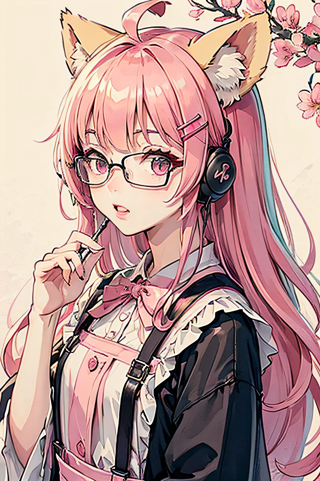 (杰作:1.2,best qualitiy),(dynamic lighting)1lady,独奏,long haired,,(shiny skins:1.2),eye glass,modern day,Wavy pink hair,Pink suspenders,Flowers on the ears,Harajuku style,hair clip,Lori,ahoge