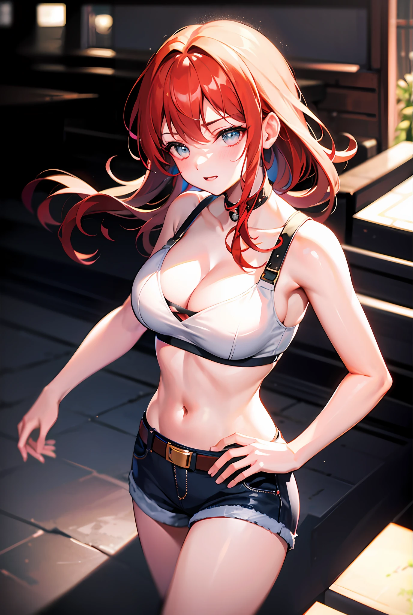 (masterpiece, best quality), a girl, solo, (mature female:1.2), HDR, Ray Tracing, glishing shiny, best colors, bloom, (depth of field), (Look down at the audience, Smug), (low_angle) , pretty face, pretty eyes, , (Redhead, bobhair, rich hair, spikey hair), beltbra, chest cleavage, (shortpants, waist belt, Adventurer accessories),