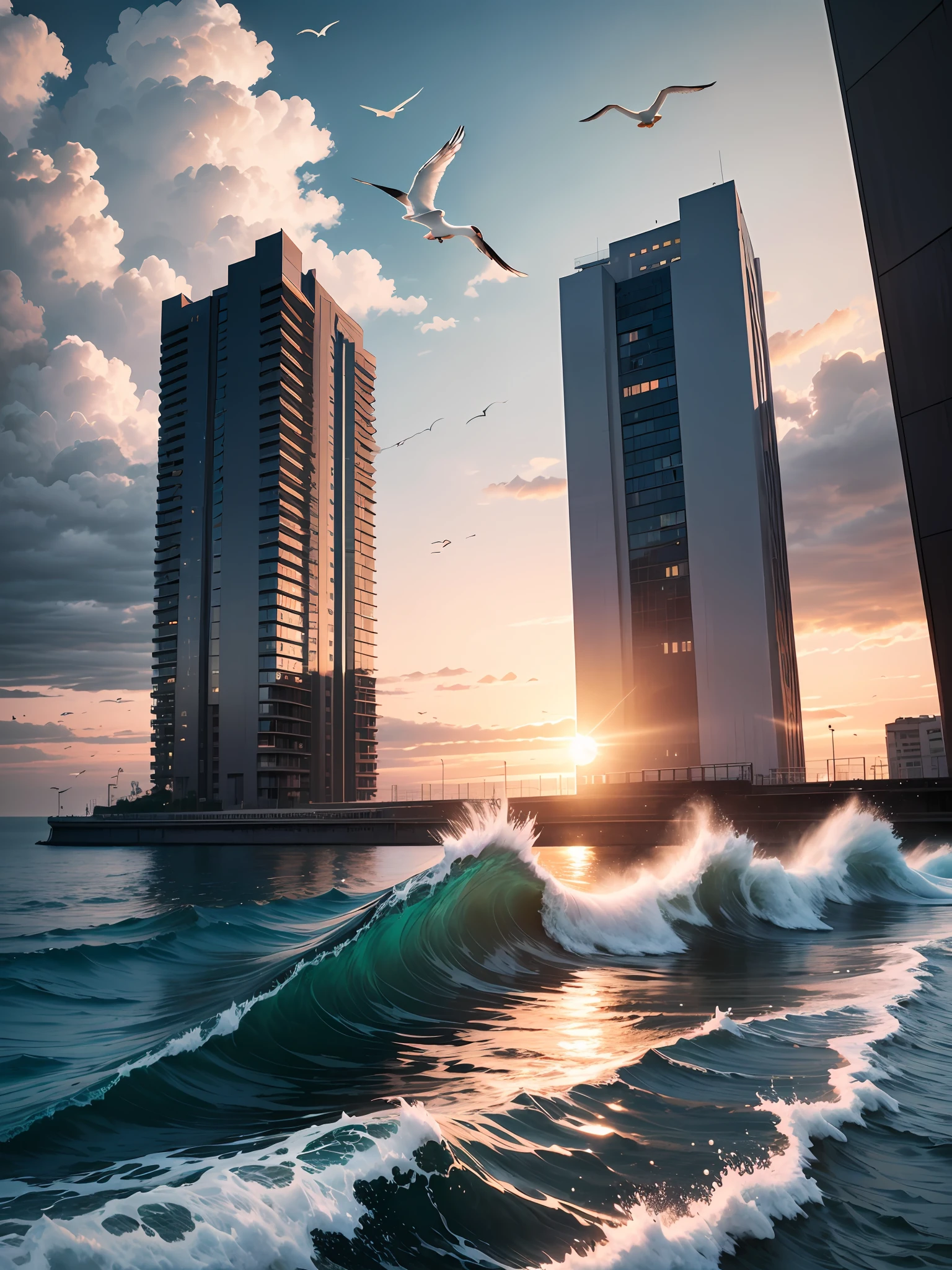 the sea，Seagulls in the sky，dusk，Evening clouds，The golden sun rises in the distance， the waves，seagulls，Modern tall house in the distance to the sea，Seagulls in the sky，dusk，Evening clouds，The golden sun rises in the distance， the waves，seagulls，Modern tall house in the distance --auto