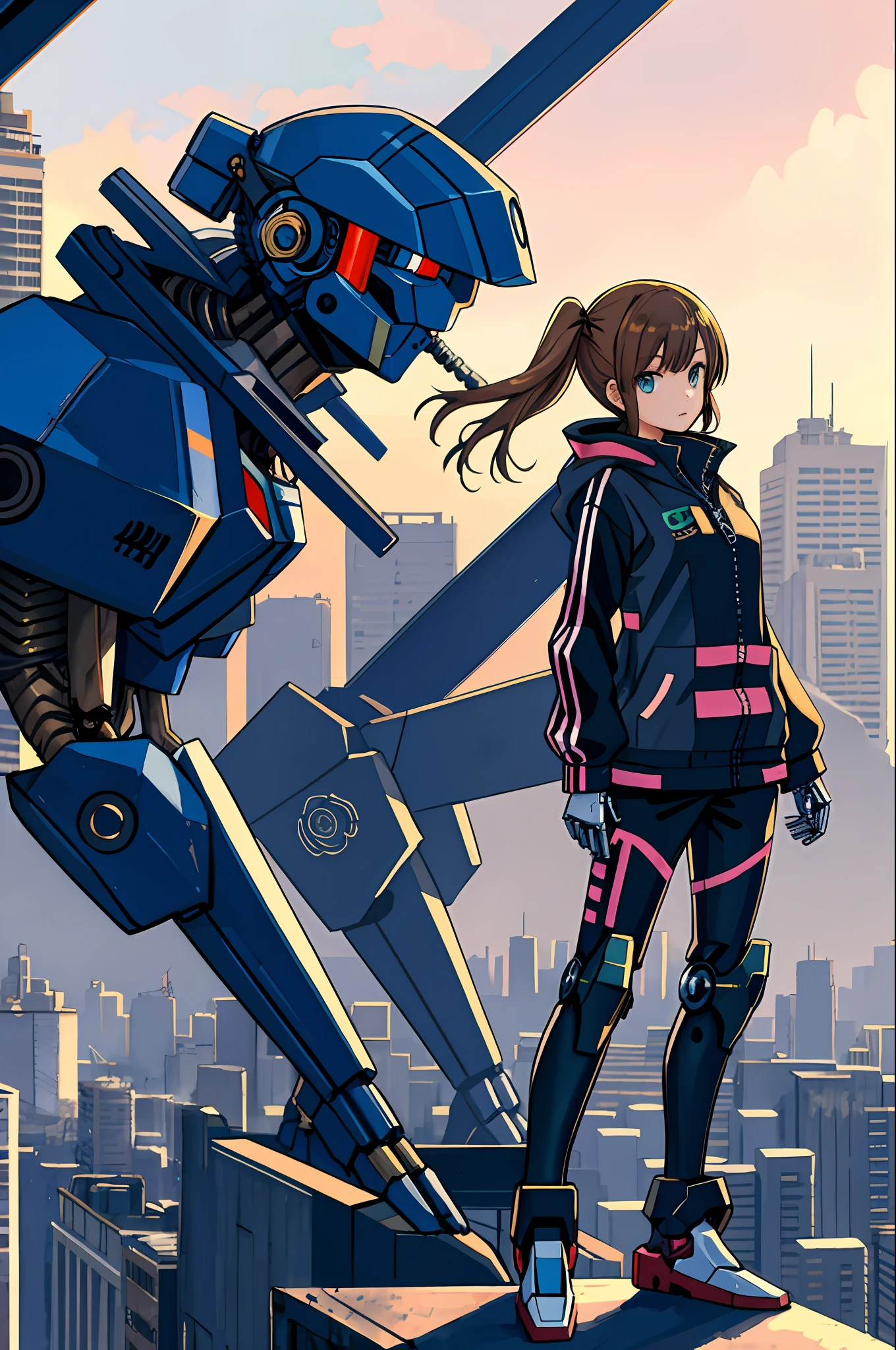 best quality,detailed background,girl,mechanical arms, cityscape, mecha musume, techwear
