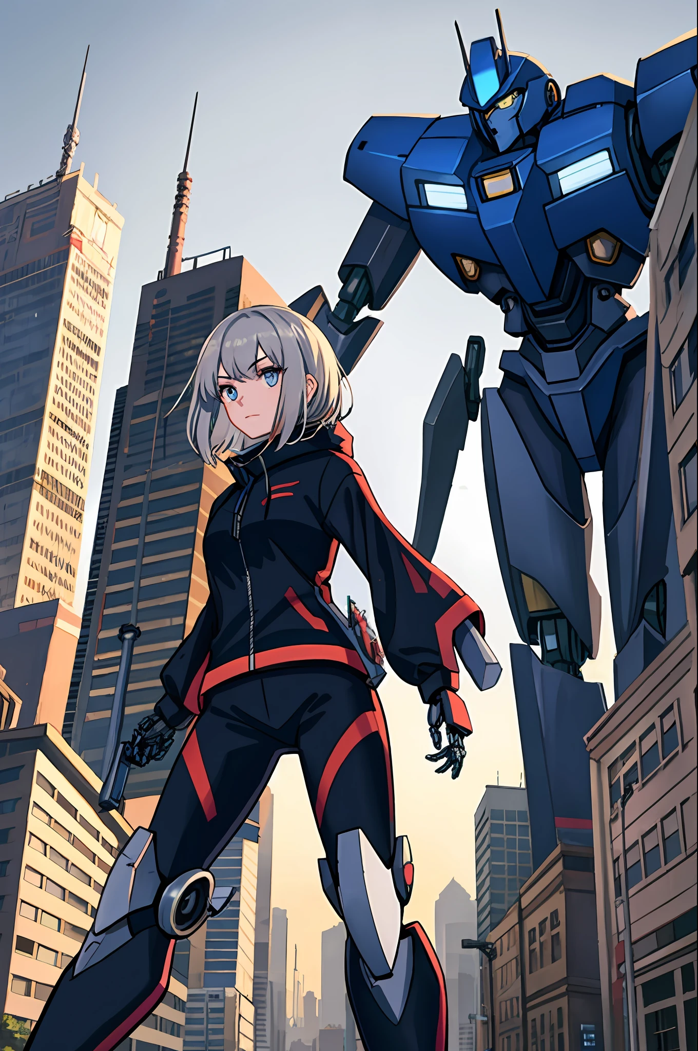 best quality,detailed background,girl,mechanical arms, cityscape, mecha musume, techwear