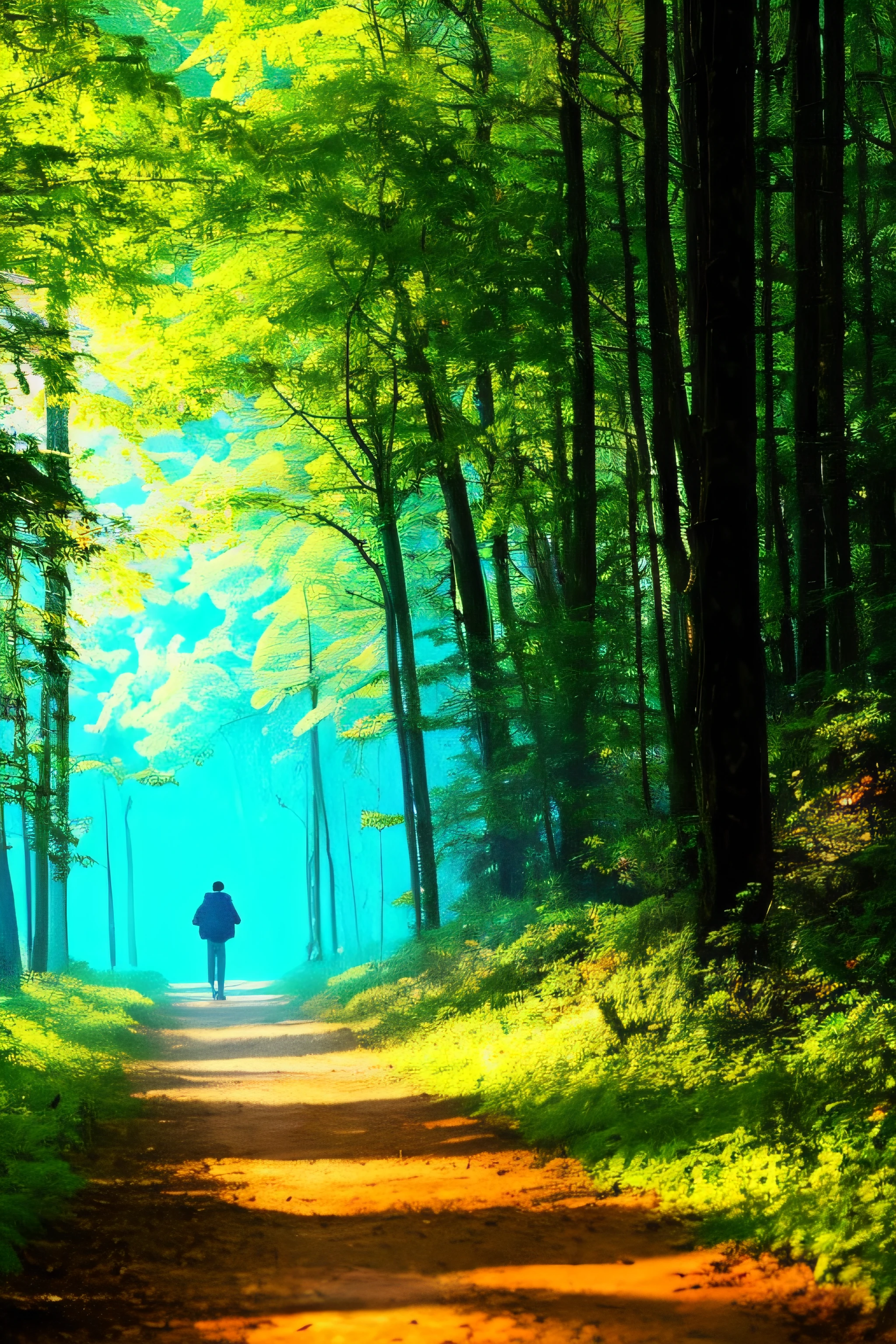 there is a man walking down a path in the woods, Walking through the forest, walking through a forest, walking in forest, lost in a forest, walking in forest, lost in a forest, walking in forest, standing on a forest, stood in a forest, anime lush john 8k woods, stood in a forest, walking around in forest