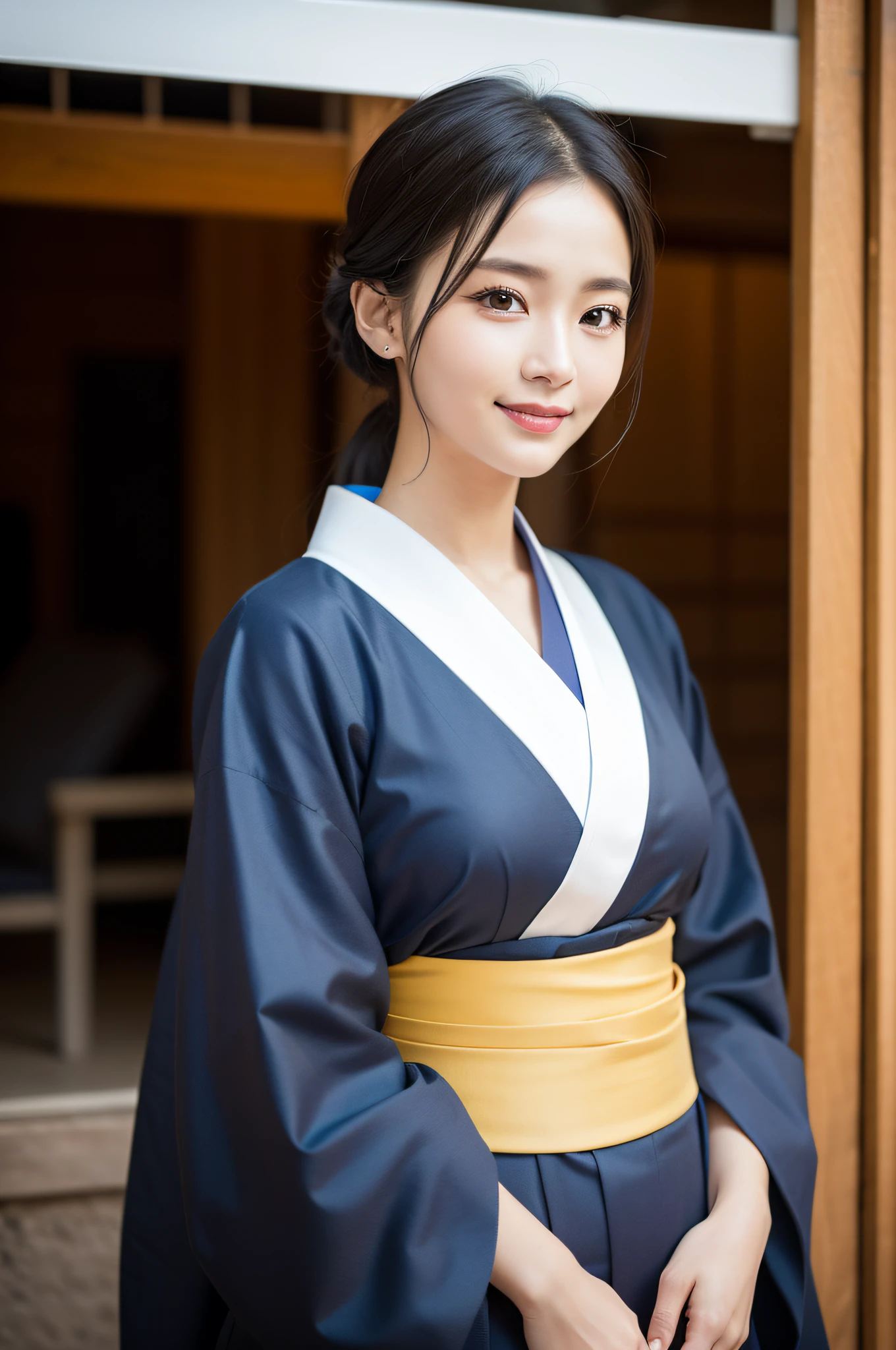 ((beste Quality、8K、masterspiece:1.3))、sharp-focus:1.2、(ultra beautiful face:1.0)、(Slender Abs Beauty:1.0)、(shinny skin:1.0)、photo realstic、black haired、Realistic pupils、Video Lighting、High-definition eyes and face、Video Lighting、(cow-boy shot:1.3)、(Kimono、Hakama、obi:1.4)、(Korean Cute Actress)、Traditional kimono、from front view、huge boobs、A slight smile