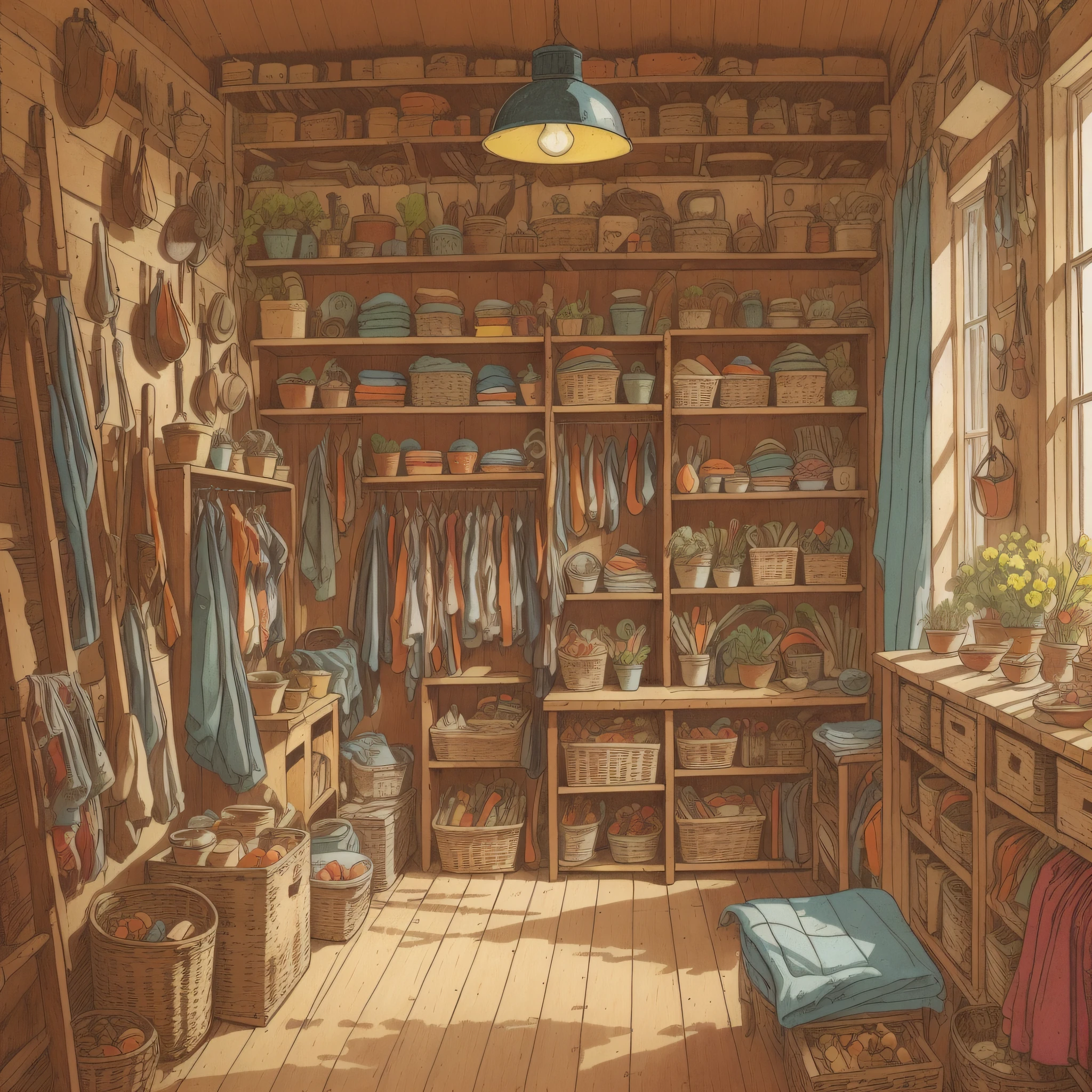 Picture book illustration、In the shed、There are no people、Carrots packed in wooden boxes、front on、Lateral face、Behind、Setting image、a Pretty、colored illustration、Composition materials、Colorful colors、18th century French clothing、