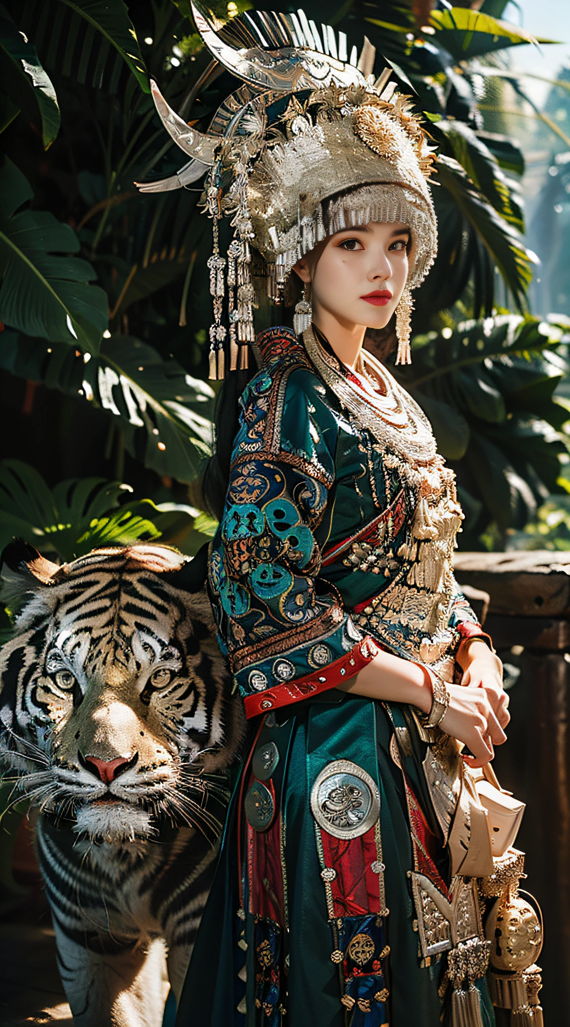 raw photo,ultra realistic,(masterpiece, 8k uhd, HDR, extremedetailed, intricate details, best quality, professional, vividcolors),

(1girl wearing costume and riding on a a white tiger inJungle),Reins,(Traditional headwear:1.2),

((Jungle scapel),looking at viewer,dutch angle,