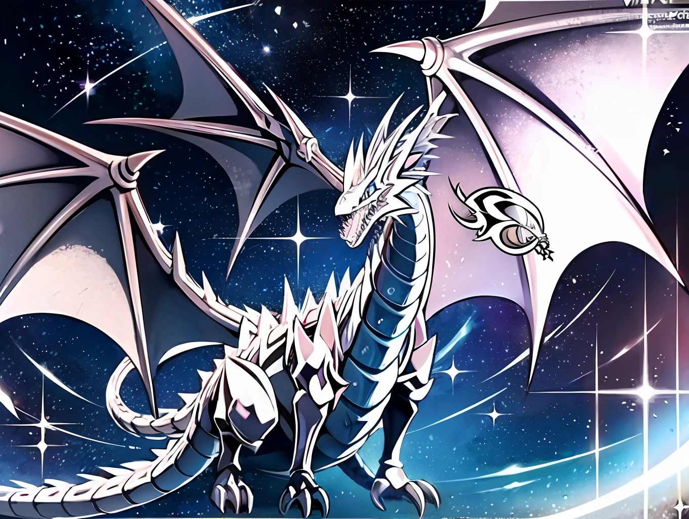 Has a very large head、Close-up of the body and wings of the dragon ，blue eyes white dragon，Crystal light，Giant dragon as background，Silver ice reflective armor，Legendary Dragon，Ice crystal armor，Blue scales，Yugioh artwork，Godrays digital painting，Master of Ice,ultra-clear，8K，Dragon's horn，Dragon tail，planet earth（planetes），galaxias，Light particles，Opalescent，The moon，moon light，nightsky，planetes，Sharpteeth，Meteor，skies，spacing，As estrelas（skies），star（Symbols），starfield background，starry skies，Starry sky print，Tana Batta，Tanzaku，wings