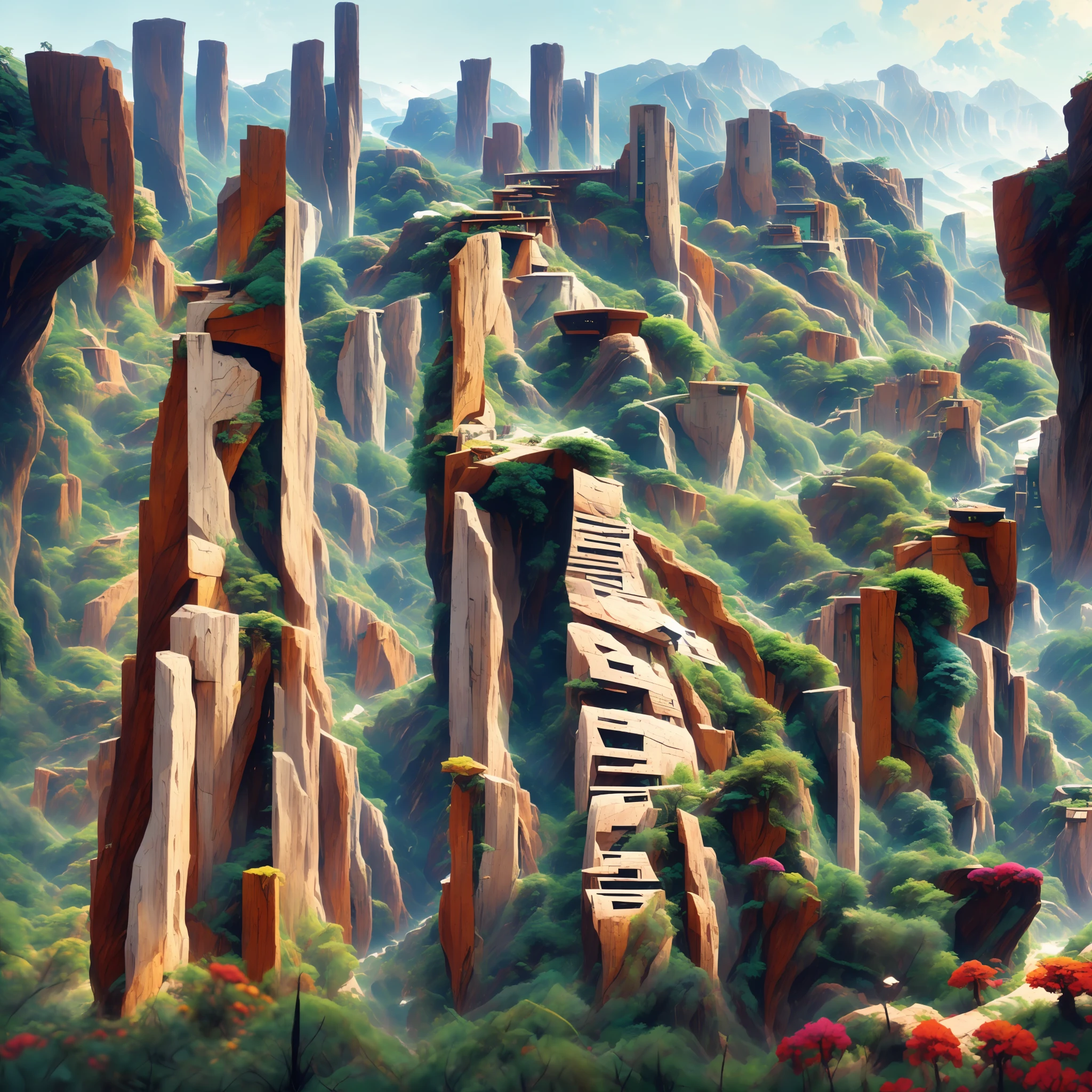 an awesome sunny cheerful day environment concept art of Futuristic design of cave architecture interiors concept art on grand Canyon caves nature architecture, proportional,detailed, cave architecture nature meets futuristic architecture on a rainforest jungle cliff with huge waterfalls,Crepuscular rays, nature meets modern architecture in the style of Aries Moross, Rem Koolhaas,Daniel Libeskind, Jean Nouvel, Paolo Soleri,Toyo Ito and Philip Johnson with Dry brush drawing style ,Chiaroscuro village,cliff side residential area, mixed development,nature architecture,bright colors,high rise made up staircases, balconies, full of glass facades,carved from rocks, masterpiece, proportional, detailed, trending on artstation, beautiful lighting, realistic, intricate