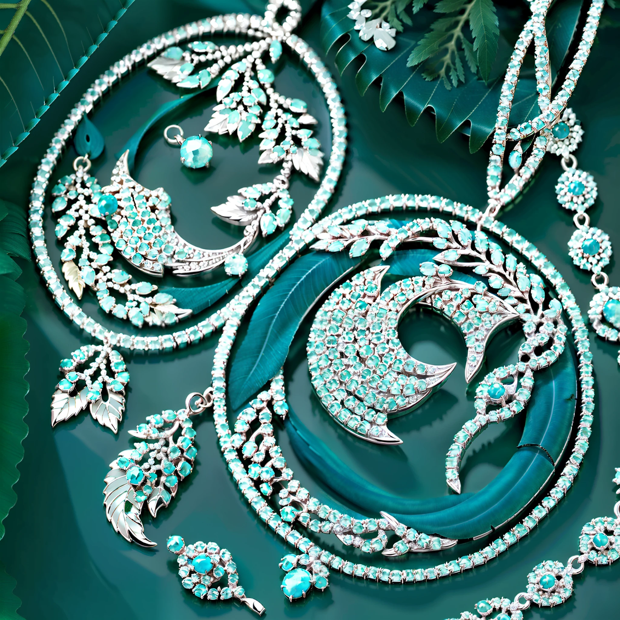 Design a simple set of turquoise jewelry，cygnet，green leaf，As estrelas，The moon，bunnies。