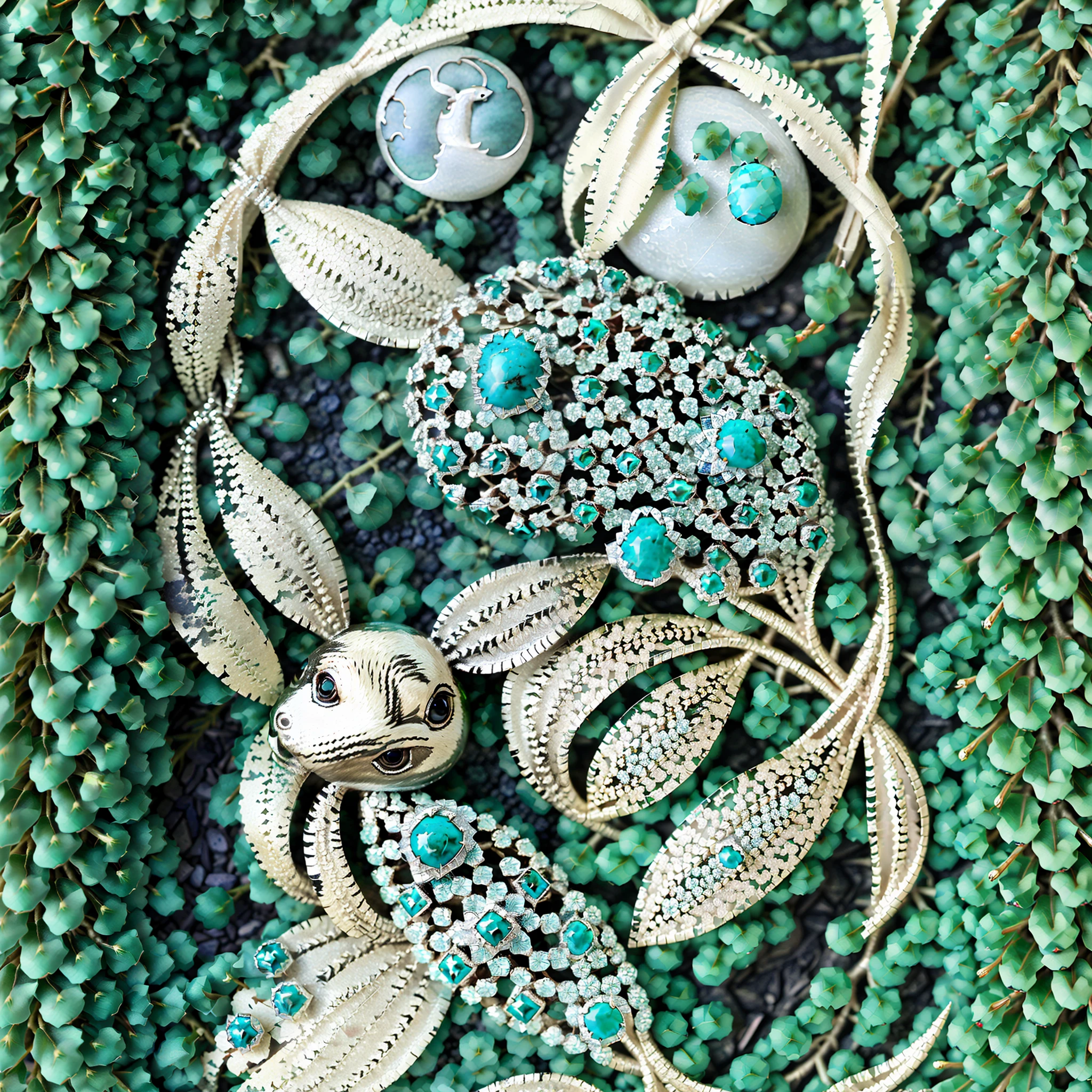 Design a simple set of turquoise jewelry,cygnet,green leaf,As estrelas,The moon,bunnies。