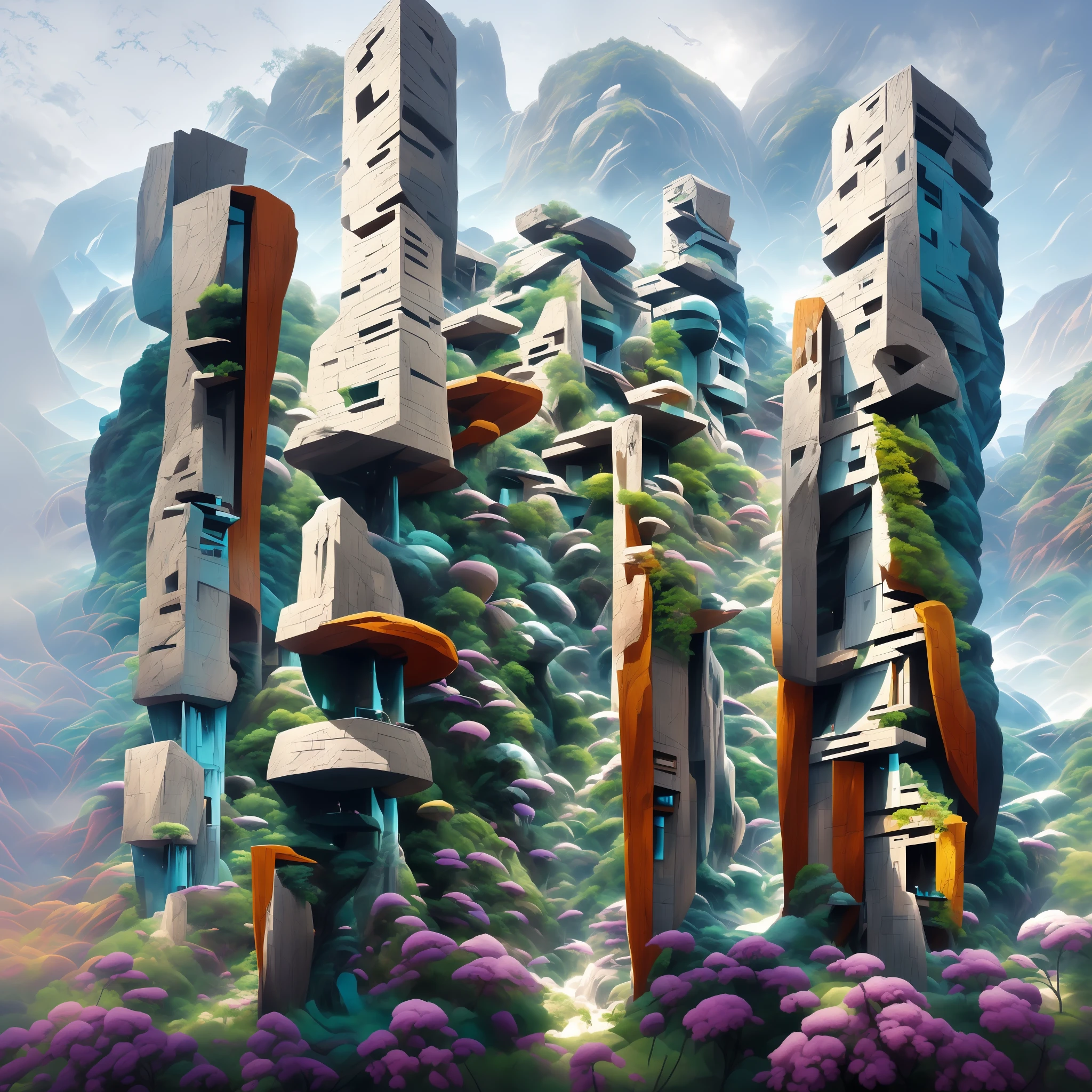 an awesome sunny cheerful day environment concept art of Futuristic design of cave architecture interiors concept art on grand Canyon caves nature architecture, proportional,detailed, cave architecture nature meets futuristic architecture on a rainforest jungle cliff with huge waterfalls,Crepuscular rays, nature meets modern architecture in the style of Aries Moross, Rem Koolhaas,Daniel Libeskind, Jean Nouvel, Paolo Soleri,Toyo Ito and Philip Johnson with Dry brush drawing style ,Chiaroscuro village,cliff side residential area, mixed development,nature architecture,bright colors,high rise made up staircases, balconies, full of glass facades,carved from rocks, masterpiece, proportional, detailed, trending on artstation, beautiful lighting, realistic, intricate