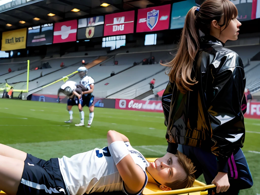 There is a young injured athlete lying on his back on a stretcher in a sports stadium after a foul, a highly attractive middle-aged woman wearing a high-gloss patent leather jacket, a long-haired middle-aged woman wears a high-gloss down jacket, A middle-aged woman in a shiny down jacket carries a stretcher on a sports field, ein junger sportler liegt auf einer bahre und bedeckt das schmerzverzerrte gesicht mit dem arm, A young injured athlete has put his arm over his face while lying on a stretcher, Traurige Szene, sehr traurig, football hooligans, Stadion-Clips, Person im Vordergrund, over-shoulder shot, Intensive Szene, Echter Schuss, von Francesco Raibolini, Dramatische Szene, aesthetic shot, auf dem Boden, Ein Weitschuss, Dramatischer Schuss, Atemberaubender Schuss, realistische Aufnahme, Schnappschuss