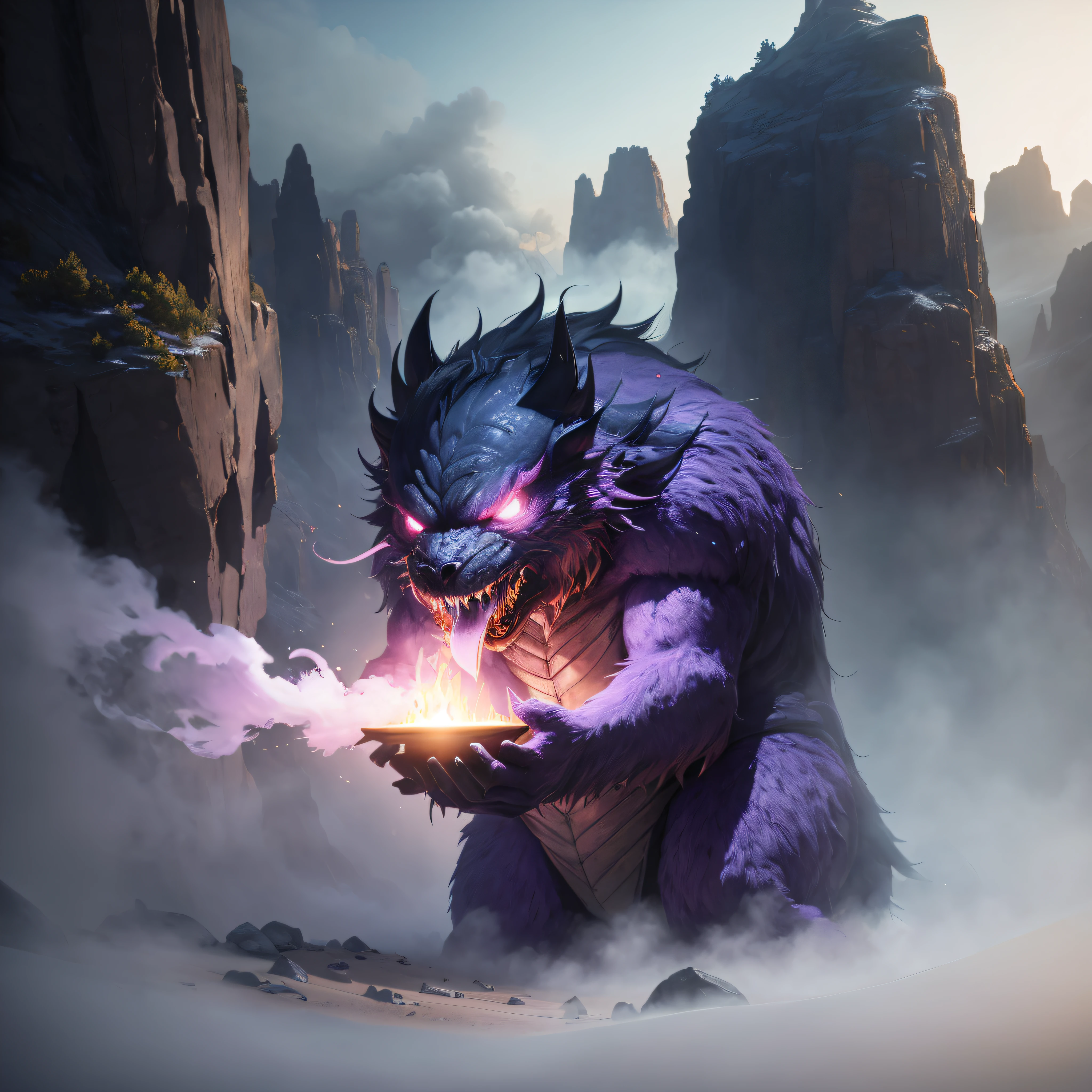 Mohe，canyons，Blizzard，Giant purple-pink monster，Smoke rises，Cinematic light，The perspective is exaggerated，Magic Cave，Thick fog background，（Giant purple-pink monster）Delicate semi-realistic，raytraced，high-definition，Detail portrayal，The texture is delicate，Complex details，The high-contrast，Panorama composition，Perfect light and shadow，unrealengine，CG rendering，The ultra-great resolution，8K HD，（（（杰作））），（（（best qualitiy））（Ultra detailded）（Detailed lighting）（（unexpressive））（杰作）（best qualitiy）（Ultra detailded）（Detailed light）