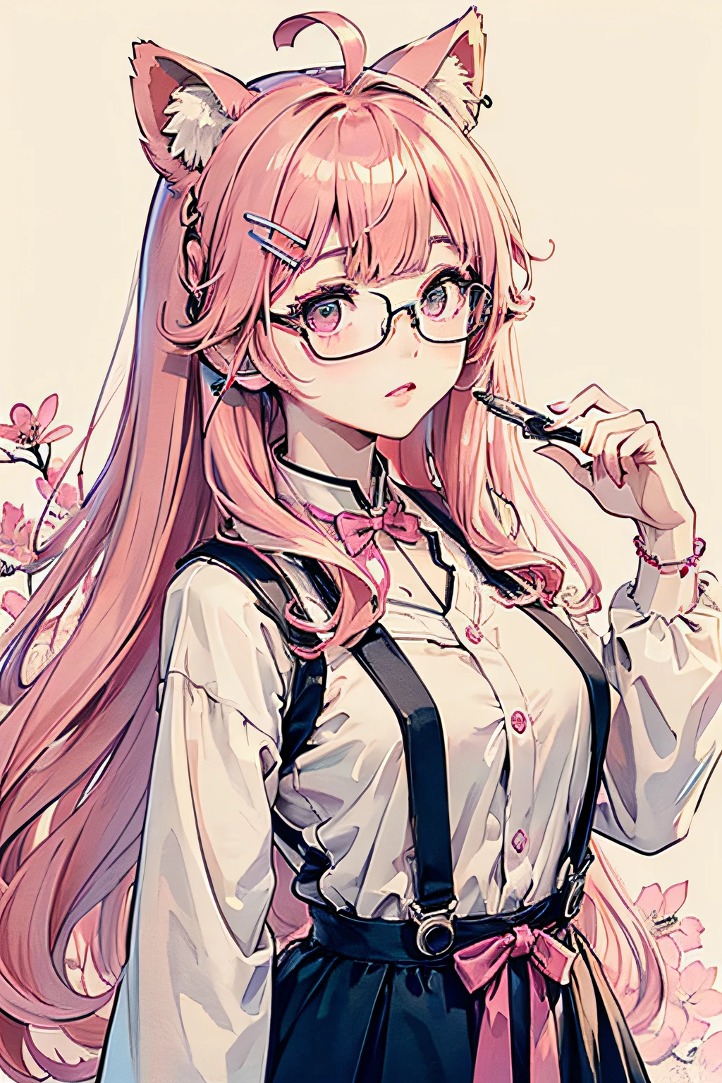 （杰作：1.2，best qualitiy），（dynamic  lighting）1lady，独奏，long haired，，（shiny skins：1.2），eye glass，modern day，Wavy pink hair，Pink suspenders，Flowers on the ears，Harajuku style，hair clip，Lori，ahoge