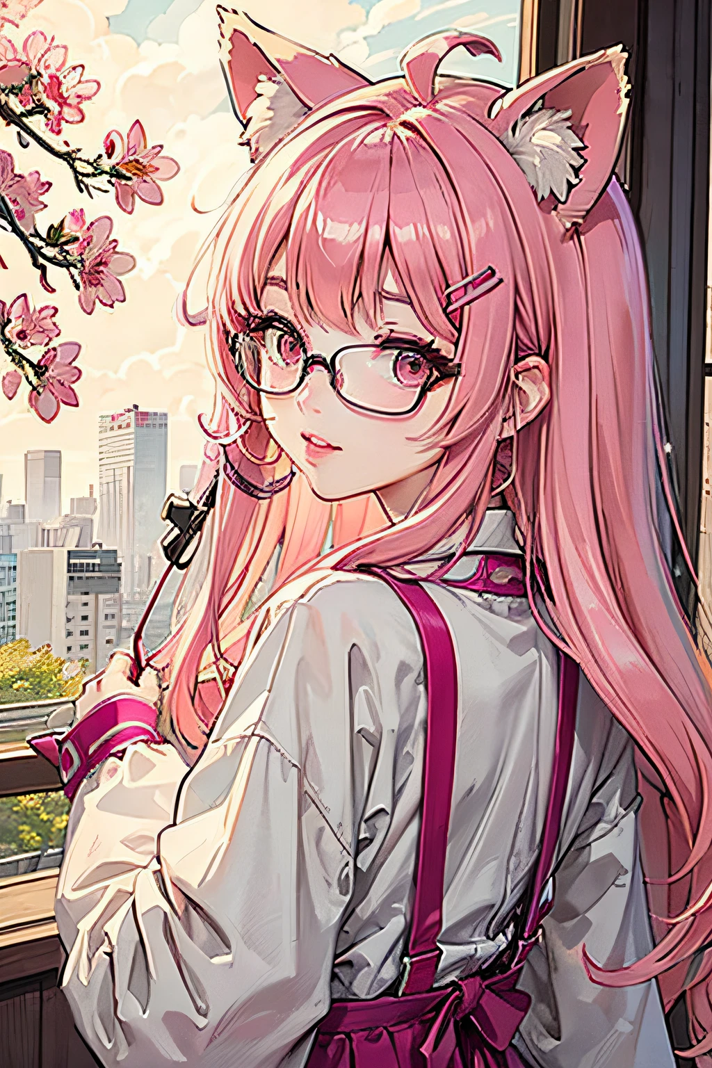 （杰作：1.2，best qualitiy），（dynamic  lighting）1lady，独奏，long haired，，（shiny skins：1.2），eye glass，modern day，Wavy pink hair，Pink suspenders，Flowers on the ears，Harajuku style，hair clip，Lori，ahoge