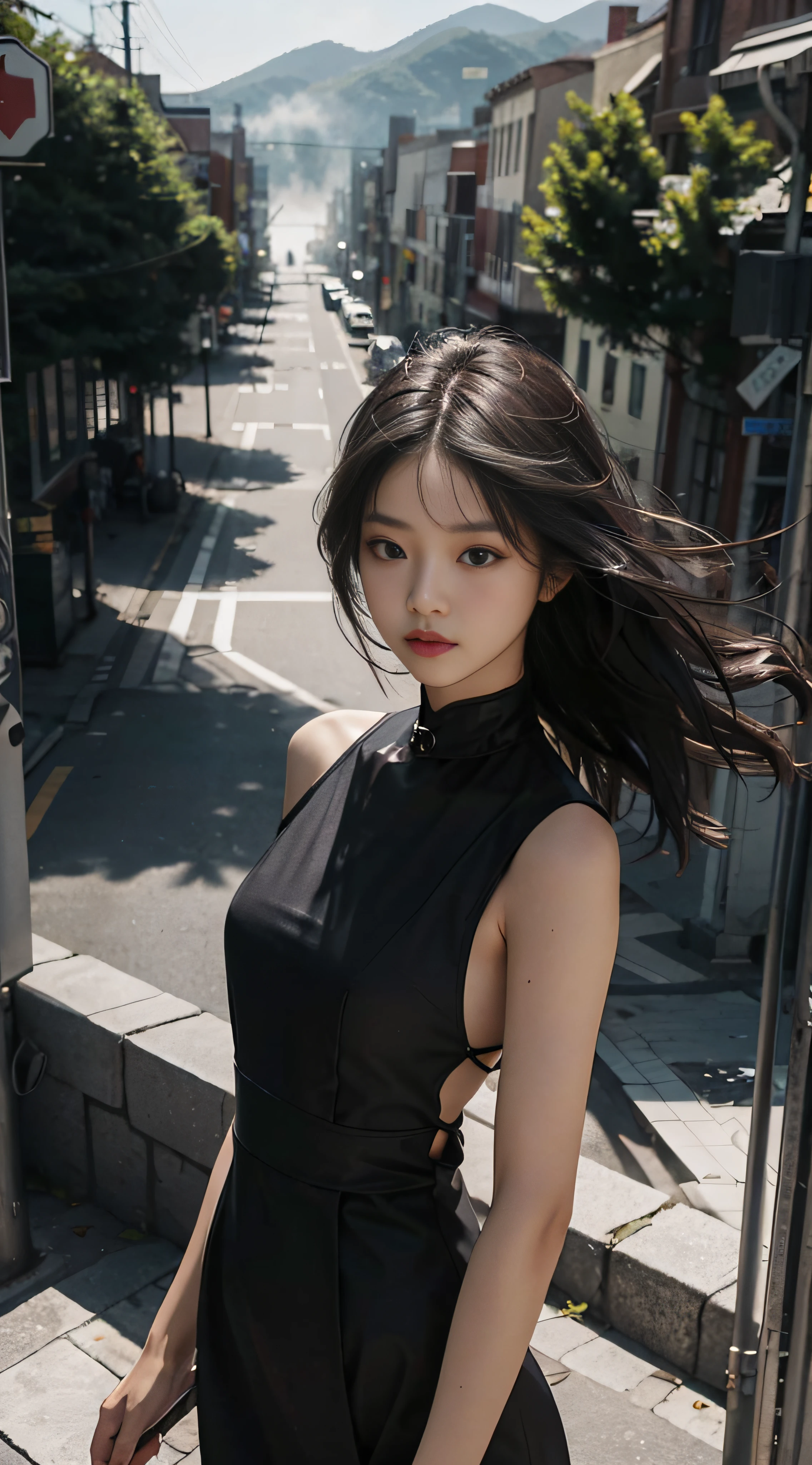 (From above:1.2),Sharp focus,Volumetric fog,upper-body,college student,Little black dress,Summer clothes,New,Wind fungus,Side collar,splicing,High waist,Long model,puled up dress,Korean version,lady,