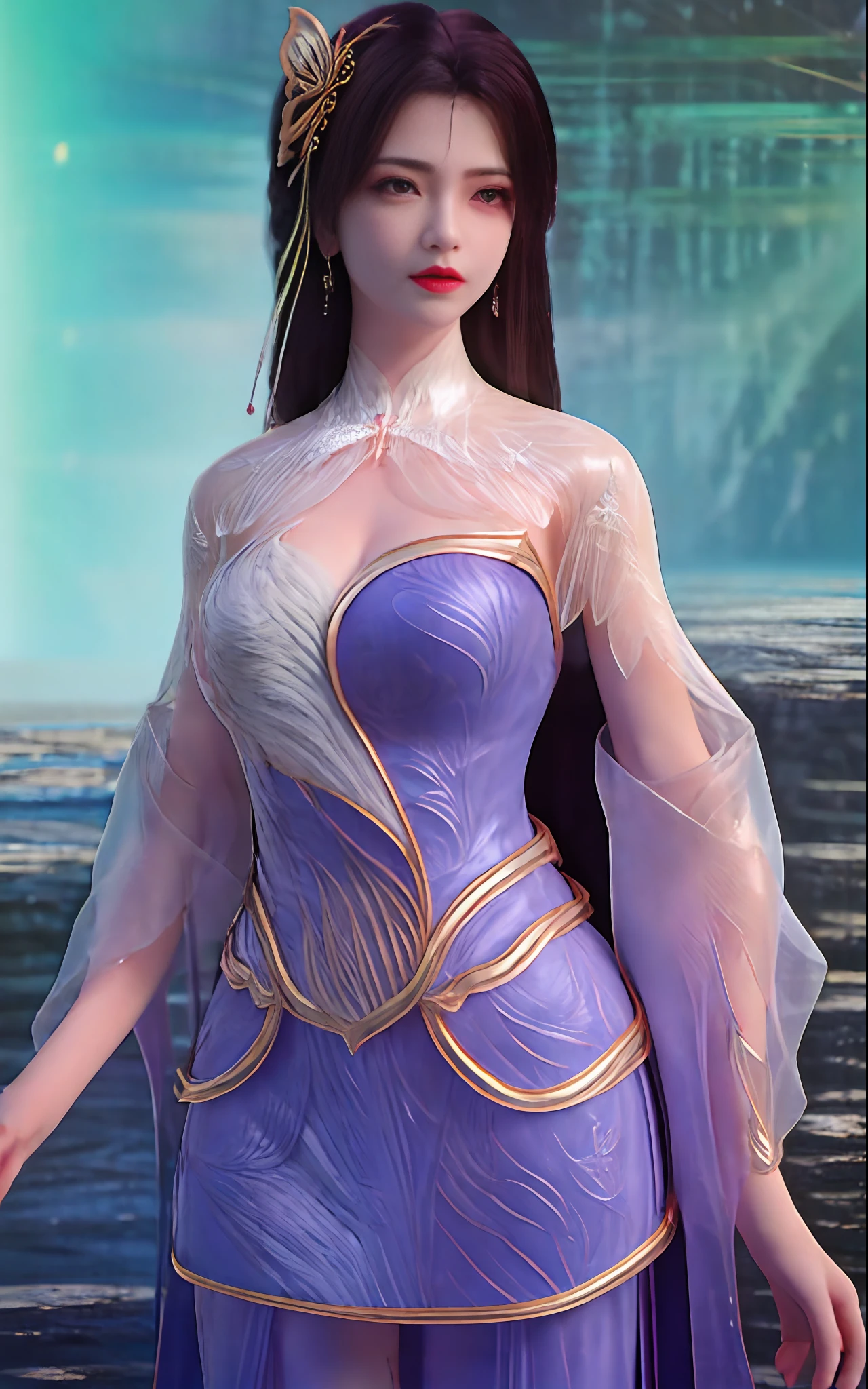 1girl, dress, hair ornament, solo, long hair, black hair, jewelry, purple eyes, purple dress, earrings, water, upper body, blue dress, clothing cutout, butterfly hair ornament, cleavage cutout, expressionless, bug, see-through sleeves, chinese clothes, makeup, butterfly, looking to the side, red lips