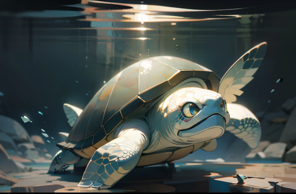(No human, turtle, cliff, underwater, perspective, from below: 1.5), Miyazaki Hayao dream style, Meiji art, light color color painting, rich layers, realistic figurative painting, realistic hyper-detailed portrait style, new traditional japan, soft edges, dreamy illustration, (very detailed CG unity 8k wallpaper), clean background, natural light, best quality, hyper detail, 3d art, c4d, blender, oc renderer, 3d rendering, 8k