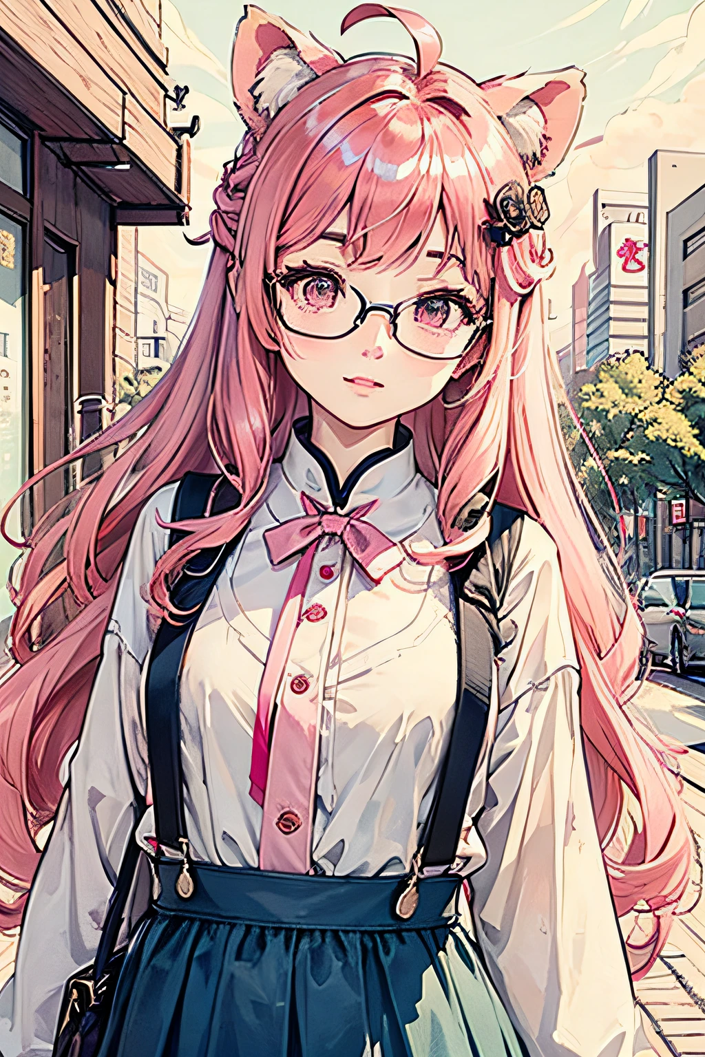 （杰作：1.2，best qualitiy），（dynamic  lighting）1lady，独奏，long haired，，（shiny skins：1.2），eye glass，modern day，Wavy pink hair，Pink suspenders，Flowers on the ears，Harajuku style，hair clip，Lori，ahoge