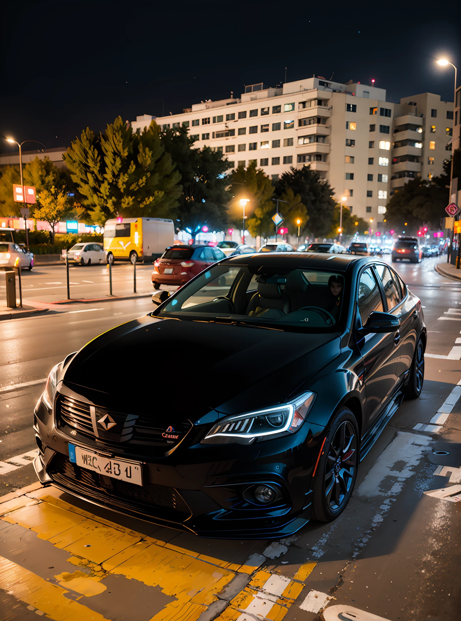 Arafed Coche negro estacionado al costado de la carretera por la noche, Tomada con Sony Alpha 9, Imagen de alta calidad, taken with sony a7r camera, Rodado en la hora dorada, por la noche, photo taken with sony a7r camera, 🤬 🤮 💕 🎀, frontal iluminado, Tomada con Canon 5D MK4