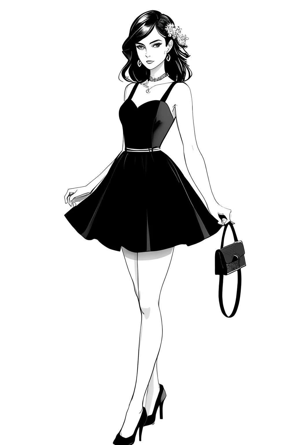um desenho de uma mulher em um vestido e coroa de flores, detailed fashion illustration, fashion illustration, luxury fashion illustration, sketch black and white colors,  em um vestido, Estilo de desenho bonito, Pose de moda, Pose de moda glamourosa, usando um tutu, Aquarela preta e branca, corpo inteiro ou retrato, estilo de desenho, illustration black outlining, full body illustration, sketch style